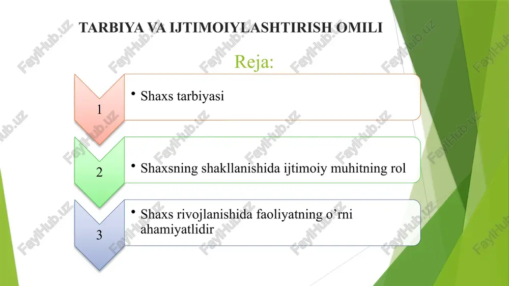 yo’l bilan hayoti va o’z tabiatini o’zgartiradi.shaxsga ijtimoiy muhitning ta’siri ham muhim. bu tarbiya tizimi orqali amalga oshiriladi. ya’ni tarbiya ta’sirida muhit bera olmagan bilim, ma’lumot egallanadi, mehnat va texnik faoliyat bilan bog'liq ko’nikma va malakalar hosil bo’ladi. tarbiya tufayli tug'ma kamchiliklar ham o’zgartirilib, shaxs kamolga etadi. tarbiya yordamida muhitning salbiy ta’sirini ham yo’qotish mumkin. tarbiya kelajakka qaratilgan maqsadni belgilaydi. demak, tarbiya bilan rivojlanish bir-biriga ta’sir etadi, bu tarbiya doimiy va uzluksizdir. shaxs rivojlanishi nimalarga bog’liq irsiyat muhit tarbiya faoliyat shaxs rivojlanishida faoliyatning o’rni ahamiyatlidir bu degani inson qanchalik mehnat qilsa, uning rivojlanishi shunchalik yuqori bo’ladi. faoliyat o’zi nima? faoliyat shaxs tomonidan tabiiy va ijtimoiy hayotni maqsadga muvofiq tashkil etiluvchi kundalik, ijtimoiy yoki kasbiy harakatlarning muayyan shakli, ko’rinishi. insonning qobiliyati va yoshi u tomonidan tashkil etilayotgan faoliyat mohiyatiga ko’ra belgilanadi. faoliyat jarayonida inson shaxsi, har tomonlama va bir butun, yaxlit holda rivojlanadi. lekin faoliyatni maqsadga muvofiq amalga oshirishi uchun uni …