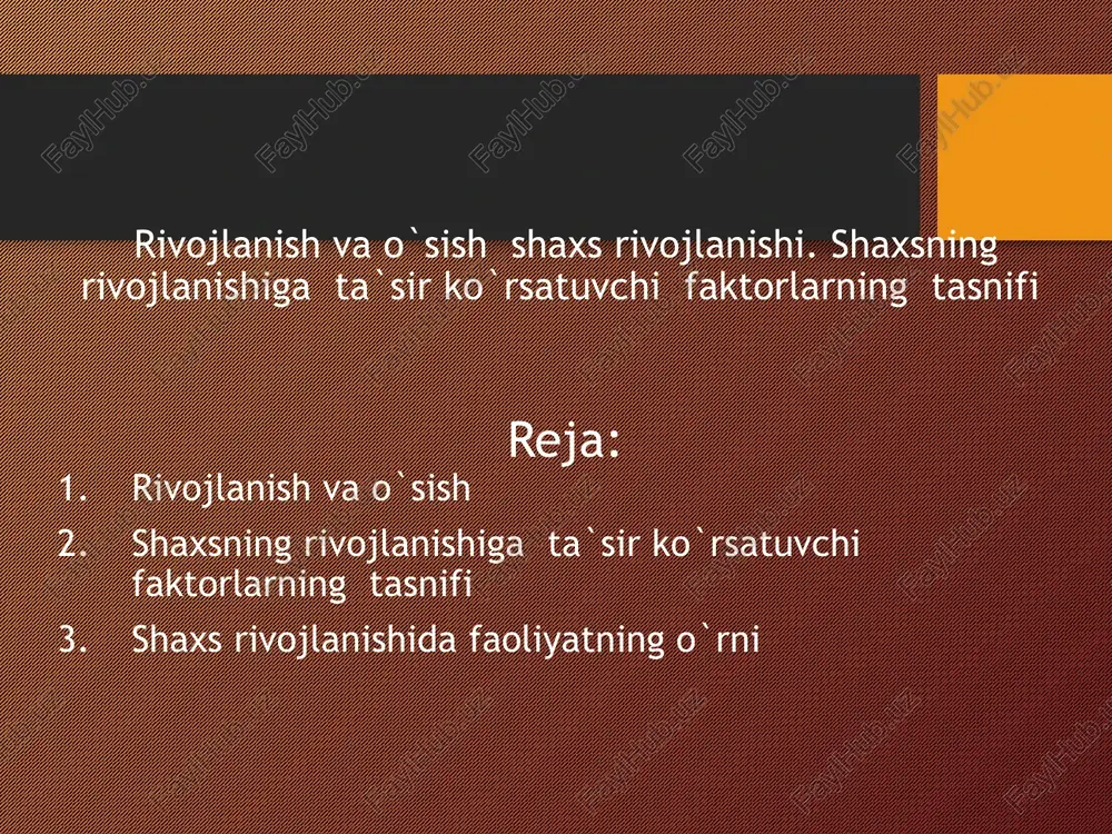 tanasi- 3,5 marotoba, qo’llari- 4, oyoqlari- 5 marotoba uzunlashadi. tana vazni yoshga qarab quyidagicha o’zgaradi: - yangi tug’ilgan qiz bolalarning o’rtacha vazni 3,0 kg, o’g’il bolalarniki esa 3,4 kg bo’ladi; - bolaning vazni tug’ilgandan keyin birinchi oyda 600 gr, ikkinchi oyda 800 gr ortadi; - bir yashar bolaning vazni tug’ilganidagi vaznidan 3 marta ortib 9-10 kg ga yetadi; - 2 yoshli bolaning vazniga 2,5-3,5 kg qo’shiladi; - 4,5,6 yoshli bola vazniga har yili 1,5-2,0 kg vazn qo’shilib boradi. 7 yoshdan boshlab ularning vazni tez ortib boradi. 10 yoshgacha o’g’il bolalar bilan qiz bolalar vazni bir xil o’zgaradi. jinsiy yetilish boshlanishi bilan qizlarning vazni 4,5-5,0 kg dan 14-15 yoshda har yili 5- 8 kg ortadi. o’g’il bolalarda esa 13-14 yoshdan vazni 7-8 kg ortadi, 15 yoshdan boshlab esa ularning vazni qizlarning vaznidan ortib ketadi. akseleratsiya. akseleratsiya yosh avlodning ruhan va jismonan tezlashuvidir. hozirgi davrda keyingi 100-150 yil ichida bolalar va o’smirlar …