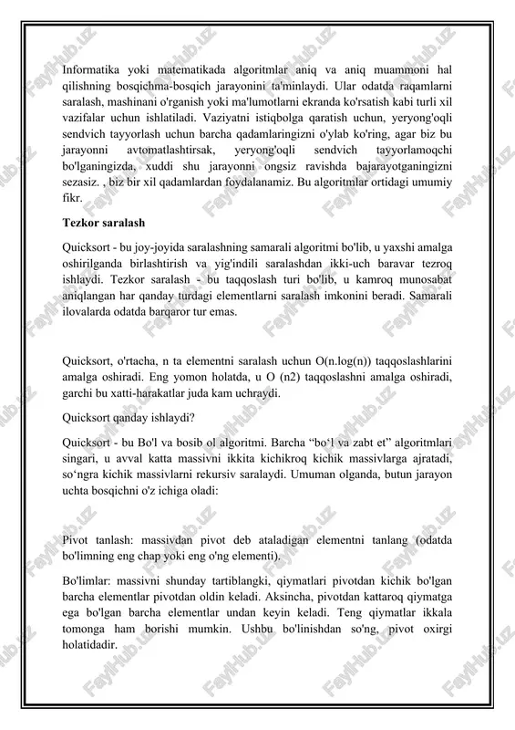 ni aylanmadan kichikroq qiymatlarga ega bo'lgan elementlarning pastki qatoriga va pivotdan kattaroq qiymatlarga ega bo'lgan elementlarning pastki qatoriga alohida qo'llang. rekursiyaning asosiy holati 1 o'lchamdagi massivlar bo'lib, ularni hech qachon tartiblash kerak emas. quyidagi diagrammada biz quicksort algoritmining har bir bosqichida eng chap elementni pivot sifatida qanday tanlashimiz, massivni pivot bo‘ylab taqsimlash va bo‘lish jarayonidan so‘ng olingan ikkita kichik massivda takrorlash ko‘rsatilgan: tezkor saralash ishlashi quicksort ning eng yomon vaqt murakkabligi o(n2), bu erda n - kirish hajmi. eng yomon holat, pivot ro'yxatdagi eng kichik yoki eng katta element bo'lganda yoki barcha massiv elementlari teng bo'lganda sodir bo'ladi. bu eng muvozanatsiz bo'limga olib keladi, chunki pivot massivni 0 va n-1 o'lchamdagi ikkita pastki qatorga ajratadi. agar bu har bir bo'limda qayta-qayta sodir bo'lsa (aytaylik, biz massivni tartibladik), u holda har bir rekursiv qo'ng'iroq avvalgi ro'yxatdan bir kichikroq o'lchamdagi ro'yxatni qayta ishlaydi, natijada o(n2) vaqt. tezkor saralash algoritmi britaniyalik kompyuter olimi …