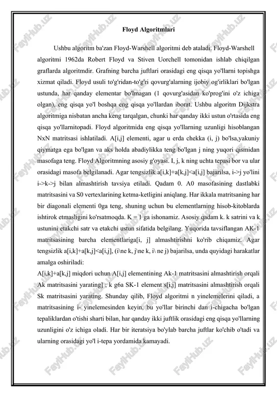 agi natijalarni olamiz: keyingi qadamlar . qolgan cho’qqilar uchun algoritmning qadamini takrorlaymiz. bular mos ravishda 6, 4 va 5 uchlari bo’ladi. algoritmning bajarilishini yakunlash. algoritm boshqa cho’qqilarni qayta ishlash mumkin bo’lmaganda tugaydi. bu misolda barcha cho’qqilar chizilgan, lekin har qanday misolda shunday bo’ladi deb o’ylash xatodir - agar ularga etib bo’lmasa, ya’ni graf uzilgan bo’lsa, ba’zi cho’qqilar chizilmagan holda qolishi mumkin. algoritmning natijasi oxirgi rasmda ko’rinadi: 1 cho’qqidan 2 gacha bo’lgan eng qisqa yo’l 7, 3 gacha - 9, 4 - 20, 5 - 20, 6 – 11 bo’lishini ko’rishimiz mumkin. grafdagi ma’lum bir manba tuguniga ega bo’lgan algoritm bu tugun bilan har bir boshqa o’rtasidagi eng qisqa yo’lni topadi. bundan tashqari, bitta tugunning eng qisqa yo’llarini to’xtatish yo’li bilan bitta maqsadli tugunga maqsad tuguniga eng qisqa yo’l aniqlanganidan keyin algoritm aniqlandi. masalan, agar graf tugunlari shaharlarni ifodalasa va chekka xarajatlari to’g’ridan-to’g’ri yo’l bilan bog’langan shaharlarning juftliklari o’rtasidagi masofani ifodalaydi …