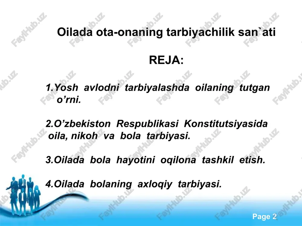 hazil bilan han jiddiy ham gapirib bo`lmaydi. ota o`z bolalariga biron narsani va`da qilib so`ng uni bajarmay qo`ymasin! rostgo`ylik ezgulikka boshlaydi, yovuzlik esa jahannamga. rostgo`y odamga yaxshi baho, yomon odamga yomon baho beriladi. free powerpoint templates page * zero ota-onaning mehr-muhabati,chinakam hurmati bolalarda eng go`zal axloqiy tuyg`ularni, ayniqsa qadryatni his qilishda yordam beradi. bu esa unda kattalar orasida ham kamyop bo`lib qolgan insoniylik sifatlardan hisoblanadi. bolaning kelajakda qanday inson bo`lib yetishishi ko`proq ota-onasi va o`z oilasiga hamda unda tarkib topgan muhitga bog`liq.’’bola ota-onasidan qayerga ortib boradi” degan gap ayni haqiqat. demak, farzandlar ota-onalarini davomchilaridir. yusuf xos xojib “oiladagi” eng ulug` fazilat ezgu qiliq va go`zal hulqdir. ikkinchisi rostlik, uchinchisi hayot hisoblanadi. mana shu uch fazilat birlashsa kishi baxtiyor bo`ladi, qut iqbol uning huzuriga bosh urib keladi.chunki kishining hulqi go`zal bo`lsa uni barcha xalq sevadi.”xulqi yuz bo`lgan kishiga to`rdan joy tegadi” - degan edi. free powerpoint templates page * oilada bola …