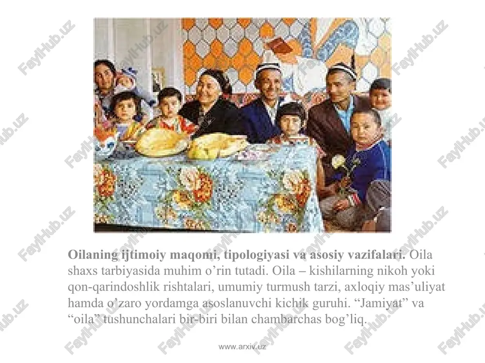 nat taqsimotidagi ishtiroklari, oila xo’jaligini tashkil etishdagi ishtiroklarini belgilaydi. www.arxiv.uz www.arxiv.uz manbalarda oiladagi mavjud muhit, oila a’zolarining bir-birlari bilan o’zaro munosabatlariga ko’ra oilalarning quyidagi turlari ko’rsatilgan: www.arxiv.uz www.arxiv.uz oila jamiyatning muhim bo’lagi sifatida quyidagi vazifalarni bajaradi: www.arxiv.uz www.arxiv.uz www.arxiv.uz www.arxiv.uz oilaga ko’rsatiladigan ijtimoiy-pedagogik yordam shakllari. www.arxiv.uz www.arxiv.uz vasiylik – voyaga yetmagan yetim bolalarga ular voyaga yetgunga qadar g’amxo’rlik qilish va ularga qolgan mol-mulkka qarab turish hisoblanadi. www.arxiv.uz www.arxiv.uz homiylik hamda vasiylikka muhtoj bolalar guruhi: ota-onalari vafot etgan; ota-onalari bedarak yo’qolgan; ota-onalari ota-onalik huquqidan mahrum etilgan; ota-onalari muomalaga layoqatsiz; ota-onalari axloq tuzatish koloniyalarida jazo o’tayotgan; ota-onalari jinoyat sodir etishda ayblanib, hibsda saqlanayotgan; ota-onalari bola tarbiyasidan bo’yin tovlayotgan; ota-onalar vaqtincha tibbiy va ijtimoiy muassasalarga joylashtirilgan. www.arxiv.uz www.arxiv.uz bolani asrab olish borasidagi faoliyat bir necha bosqichda amalga oshiriladi. 1) bolani asrab oluvchi ota-onalarni izlash; 2) ariza topshirgan nomzodlar tomonidan anketa va zarur hujjatlarni to’ldirish; 3) oila, “mehribonlik uylari” yoki bola joylashgan boshqa ta’lim …