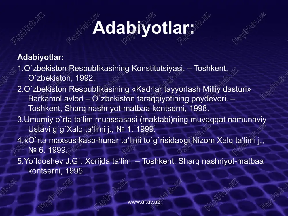 ww.arxiv.uz ta‘lim sohasidagi davlat siyosatining asosiy tamoyillari. o`zbekiston respublikasining «ta‘lim to`g`risida»gi qonunining 3-moddasida ta‘lim sohasidagi davlat siyosatining asosiy tamoyillari ko`rsatib o`tilgan. ular quyidagilardan iborat: -ta‘lim-tarbiyaning insonparvar va demokratik xarakterda bo`lishi, -ta‘lim tizimining uzluksizligi va izchilligi; -umumiy o`rta, shuningdek, o`rta maxsus kasb-hunar ta‘limining yo`nalishlarini tanlashning ixtiyorligi; -ta‘lim tizimining dunyoviy xarakterda ekanligi; davlat ta‘lim standarti doirasida ta‘lim olishning hamma uchun ochiqligi; -ta‘lim dasturini tanlashga yagona va tabaqalashtirilgan yondoshuv; - bilimli bo`lishni rag`batlantirish; -ta‘lim tizimida davlat va jamiyat boshqaruvini tuyg`unlashtirish www.arxiv.uz o`zbekiston respublikasining «ta‘lim to`g`risida»gi qonunida alohida urg`u berilganidek, ta‘limni tashkil etishning asosiy maqsadi – jamiyatda intellektual va ilmiy potentsialni rivojlantirish, jamiyat, oila va davlat oldidagi burchi, javobgarligini anglaydigan barkamol va mustaqil fikrli shaxsni shakllantirishdan iborat www.arxiv.uz ta’lim tizimini jamoatchilik sosida boshqarish o‘qituvchilar, o‘quvchilar, ota-onalar va jamoatchilik vakillaridan iborat pedagogik kengashning ta’lim muassasasi faoliyatini samarali tashkil etishga yo‘naltirilgan faoliyati www.arxiv.uz o`zbekiston respublikasining «ta‘lim to`g`risida»gi qonunining 3-moddasida ta‘lim sohasida davlat siyosatining asosiy tamoyillaridan biri …
