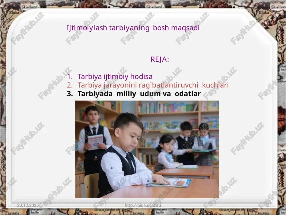 qat qaror topadi. bu esa o`z navbatida insonning ma’naviy va ruxiyatiga, aql-zakovatiga ilxom baxsh etadi, yaxshilik, samimiylik sari yetaqlaydi. o`zbeklarning o`zaro samimiy salomlashishi milliy urf-odatning ibratli ko`rinishlaridan hisoblanadi. o`zbek xalqining bola tarbiyasi mohiyati, mazmuni, usullari, tarbiyaning kundalik va istiqbol rejasi, farzandlarga tartib o`tkazish vazifasini tanlash va unda unumli foydalanish tajribasi o`ziga xos xususiyaga egadir. bu xususiyat xalqning ma’naviy boyligi sifatida to`plangan, an’analari zamiridan kelib chiqqan. milliy maktab vazifalaridan biri ajdodlarimiz merosi milliy ana’nalarini o`rganib ulardan ta’lim-tarbiya jarayonida bolalarni tarbiyalashda unumli foydalanishdir. «an’ana» /arabcha/-/o`zbek/ uzoq zamonlardan beri avloddan-avlodga, otalardan bolalarga o`tib davom etib kelgan urf-odatlar, axloq normalari, qarashlar va x.k. dir. a’ananalar-ijtimoiy va ma’naviy merosimdir. tarbiya jarayonini rag`batlantiruvchi kuchlari. xozirgi kunda ayniqsa vatanparvarlik, millatlararo do`stlik, ekologik, iqtisodiy, xususiy, madaniyat, ta’lim-tarbiya soxasidagi an’analarni qo`llash o`zbek xalqining urf-odatlar, turmush-tarzi, oilaviy marosimlarini milliy maktab, oilaviy tarbiyada qo`llash komil insonni shakllantirish vositalaridan biridir. “barg ildizdan quvvat oladi “deganlaridek xozirgi va kelajak avlod kishilarining ularni chuqur …