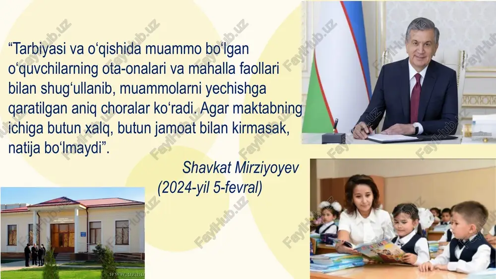 ktablarida milliy tarbiyaning ilmiy-pedagogik asoslari - ubaydullayeva r., ata-mirzayev o, quronov m. o oila va barkamol avlod tarbiyasi. – t.: “ijtimoiy fikr” -ibn sino “tadbiri manozil” - boshlang‘ich sinf o‘quvchilari ota-onalarining milliy kengashining “ota-onalar assotsiatsiyasining samarali faoliyati” (irlandiya, dublin, 2010-yil) -shimoliy karolina umumta’lim maktablarining “ota-onalar va oila ishtiroki” nomli qo‘llanmasi -yu.i.biktuganov. “o‘qituvchilarning oila va jamoatchilik bilan o‘zaro munosabatlari”. ural davlat universiteti - bolalar va yoshlar uchun avstraliya tadqiqot ittifoqining “maktab jamoalari uchun ota-ona va oila boshqaruvini amalga oshirish bo‘yicha qo‘llanmasi” mavzuga oid me’yoriy-huquqiy hujjatlar : o‘zbekiston respublikasi vazirlar mahkamasining 1993-yilda ishlab chiqilgan “oila, mahalla, ta’lim muassasalari hamkorligi konsepsiyasi” o‘zbekiston respublikasi vazirlar mahkamasining 2012-yil 19-iyundagi “barkamol avlodni tarbiyalashda oila instituti va fuqarolarning o‘zini o‘zi boshqarish organlarining ta’lim muassasalari bilan o‘zaro hamkorligini yanada rivojlantirish chora-tadbirlari to‘g‘risida” 175-sonli qarori xalq ta’limi vazirligining 2004 yil 26 fevraldagi hay’at majlisining qarori bilan tasdiqlangan “barkamol avlodni tarbiyalashda oila, mahalla, maktab hamkorligi konsepsiyasi”; o‘zbekiston respublikasining 2020-yil 23-sentyabrdagi …