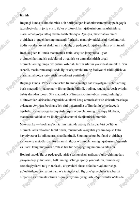 or o‘qituvchilarning tajribasini o‘rganish va ularni keng miqyosda qo‘llash har bir pedagogning muhim vazifasidir. hozirgi vaqtda ilg‘or pedagogik tajriba tushunchasi nafaqat o‘qituvchining dars jarayonidagi yutuqlarini, balki uning ta’limga ijodiy yondashuvi, zamonaviy texnologiyalarni to‘g‘ri tanlashi, o‘quvchini shaxs sifatida rivojlantirishga yo‘naltirilgan faoliyatini ham o‘z ichiga oladi. ilg‘or o‘qituvchilar tajribasini o‘rganish va ommalashtirish o‘quv jarayonini yangilash, o‘qituvchilar o‘rtasida samarali metodlar almashinuvi, metodik madaniyatni oshirish va o‘qitish sifatini yaxshilash imkonini beradi. boshlang‘ich sinf o‘qituvchilari orasida ilg‘or metodlarni joriy etish, dars jarayonida o‘yinli, interfaol, muammoli o‘qitish elementlaridan foydalanish o‘quvchilarni darsga jalb qiladi, ularning fanga bo‘lgan qiziqishini kuchaytiradi. shu bois, ilg‘or o‘qituvchilarning ish tajribasini o‘rganish, tahlil qilish va boshqa o‘qituvchilar o‘rtasida ommalashtirish ta’lim sifati va samaradorligini oshirishda muhim o‘rin tutadi. shuningdek, ilg‘or o‘qituvchilar faoliyatini o‘rganish nafaqat pedagogik jarayonni takomillashtiradi, balki yosh o‘qituvchilar uchun o‘ziga xos “metodik maktab” vazifasini ham bajaradi. ochiq darslar, seminar-treninglar, mahorat darslari va metodik yig‘ilishlar orqali tajriba almashish — ta’lim tizimida hamkorlik va …