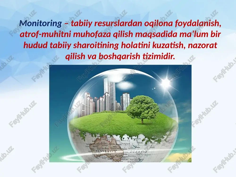 sanoat tarmoqlarining so‘nggi 50–60 yil davomida tez sur’atlar bilan rivojlanishi natijasida atrof-muhitda kuchli o‘zgarishlar ro‘y berdi qishloq va suv xo‘jaligi metallurgiya kimyo konchilik image2.jpeg image3.jpeg image4.jpeg image5.jpeg image6.jpeg image7.jpeg image8.jpeg image9.jpeg image10.jpeg image11.jpeg image12.jpeg image13.jpeg image14.jpeg image1.jpg cee vacant eas seg hans es avstrat /docprops/thumbnail.jpeg gidecsciod i oiorsty menkocingning jalanish tarlxi va vazifalari, reja: 0 2bekistondaetrofmuhit monitoringin| ‘emelge oshirih