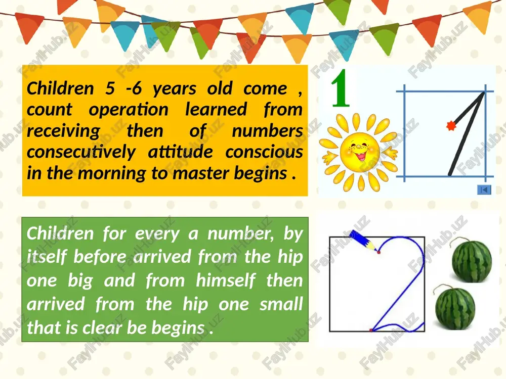 d numbers row strictly one in the system to be concept formed , every one of the thigh composition from himself small two from the hip consists of it is also taught to be . this is how it is given. information the children arithmetic deeds understanding and to master prepares . for children education to give in the program such consistency order the children concrete things with related was count from the activity numbers only with work , that is account to the activity migration opportunity gives birth . scientific inspections as a result it was found that children count activity tarayot following stages own inside takes : stage 1. at this stage children one similar things set with work seeing them​ they separate and one from the place second to the place take leaving something they build . stage 2. at this stage children one collection elements second …