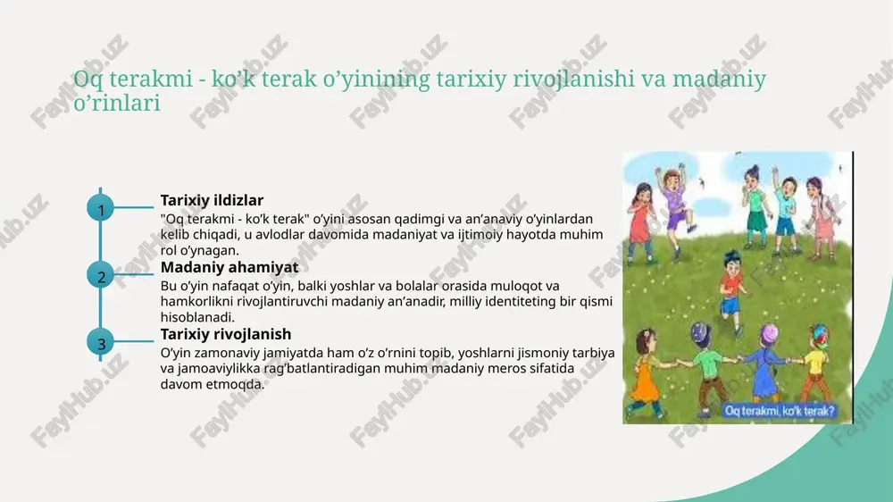 ahamiyati oʼyin, nafaqat oʼyin, balki milliy identiteting va urf-odatlarning ifodasi boʼlib, yosh avlodlarga anʼanalarni oʼrgatish va madaniyatni davom ettirishda yordam beradi. zamonaviy oʼrni hozirgi kunda, bu anʼanaviy oʼyin yoshlarni jismoniy tarbiya bilan shugʼullantirish va jamoaviylikni rivojlantirishda muhim vosita boʼlib qolmoqda. u madaniyat va sportning integratsiyasini taʼminlaydi. oʼyin qoidalarining asosiy prinsiplarini tushunish va taʼriflash qoidalar asoslari o'yin qoidalarining asosiy prinsiplari aniqlik, adolat va xavfsizlikni ta'minlashdir. bu qoidalar o'yinchilar o'rtasida tenglik va muvozanatni saqlashga yordam beradi. o'yin qoidalarining ta'rifi qoidalar, o'yin jarayonida amal qilinadigan rasmiy yoki norasmiy qoidalar majmuasidir. ular o'yinning tartibini, maqsad va usullarini belgilaydi. jamoaviylik va hurmat qoidalar o'yinchilar o'rtasida hurmat va jamoaviy ruhni rivojlantiradi. ular muammolarni hal qilishda hamda muvofiqlik va hamkorlikni mustahkamlashda muhim ahamiyatga ega. oʼyin usullari va texnikalarining xilma-xilligi va oʼrganilishi 1 yangi texnikalar o'yin usullari va texnikalarining xilma-xilligi, o'yinning dinamikasini oshiradi. bolalar va yoshlar turli usullar bilan o'ynashni o'rganadilar, bu esa ijodiy fikrlashni rivojlantiradi. 2 jamoaviy …