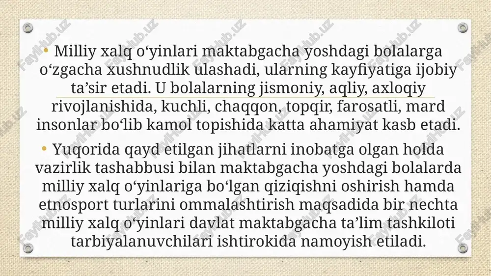 harakat qilishni tarbiyalaydi. o'yin ko'proq jamoa bo'lib harakat qilish, chidamlilik malakalarini oshirishga yordam beradi. metodik ko'rsatmalar. bu o'yinda tarbiyalanuvchilarning kuch va chaqqonligini oshirishga birdamlik bilan harakat qillishlariga erishish lozim. bu o'yinni o'g'il bolalar bilan ham, qiz bolalar bilan ham (alohida-alohida) o'tkazish mumkin. image4.png image5.png image6.png image7.png image8.jpg image9.jpg image3.png /docprops/thumbnail.jpeg “argon tortish”