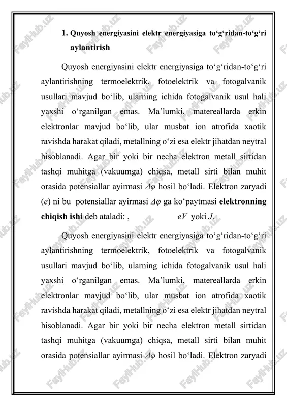 irmasi ham kattalashadi. · agar uchlari payvandlangan ikkita har xil metall simlarni galvanometrga ulab, kontaktlardan birini sovuq holatda qoldirib, ikkinchisi isitilsa, zanjirda elektr toki hosil bo‘ladi. bu hodisani birinchi marta nemis olimi zeyebek kuzatgan bo‘lib, termoelektrik effekt yoki “zeyebek effekti” deb yuritiladi. 2. termoelektr yurituvchi kuch · termoelektr yurituvchi kuch e payvandlangan uchlaridagi temperaturalar (absolyut shkala bo‘yicha) ayirmasiga to‘g‘ri proporsional bo‘lib, metallar tabiatiga bog‘liq: · bunda α – metallning termo eyk koeffitsiyenti. · uchlari o‘zaro payvandlangan ikkita har xil metalldan yasalgan asbobga termopara yoki termoelement deb ataladi. termoelement kavsharlangan uchi temperaturasi o‘lchanuvchi moddaga va ikkinchi – sovuq uchlari o‘lchov asbobga ulanadi. bir necha termoelementlardan tuzilgan sistemaga termobatareya deb ataladi. · 1908-yilda moskva universiteti proffessori v.serasskiy 100 ta termoelementdan iborat bo‘lgan quyosh batareyasini yaratdi. 3. termopara yoki termoelement bu batareya oynaband yashik ichiga joylashgan bo‘lib, elektr qo‘ng‘irog‘ini tok bilan ta’minlab turadi. asrimiznng 30-yillarida akademik a.f.ioffe termogeneratordan quyosh energiyasini elektr energiyasiga aylantirish …