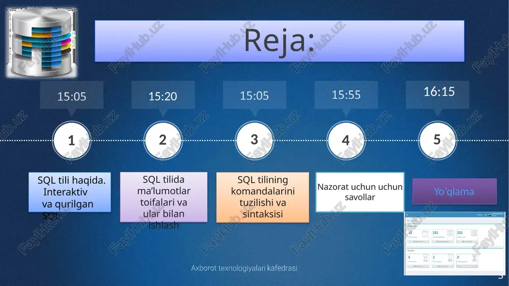 sql ning bu 2 turi ishlashi bir xil, lekin har xil joyda ishlatiladi. interaktiv sql — bu ma'lumotlar bazasiga so'rov orqali murojaat qilib, shu zahoti olish tushuniladi. ya'ni natijani bunda jarayon ketma-ketlik asosida sodir bo'ladi. so'rov- natija rejimda ishlaydi. o'rnatilgan sql – bu so'rovlar yig'indisi biror dasturlash tilida ishlatilishi tushuniladi. c, s++, python, pascal, delphi, java tillarida bazaga murojaat qilib, natijani biror o'zgaruvchiga yuklab qo'yamiz va kerakli joyda bu natijani ishlatamiz. ya'ni bunda so'rov berib, darhol natijani ololmaymiz. natija faqat dasturning davom etishi uchun olinadi va talab etilgan joyda ishlatiladi. 2. sql tilida ma’lumotlar toifalari va ular bilan ishlash sql operatorlari bir necha guruhlarga bo'lingan. bu bo'linish operatorlarning bajarilish vazifasi asosida bo'lingan. ular quyidagilar: ddl (data definition language), ma’lumotlarni aniqlash tili deb ataladi. bu guruhga ma'lumotlar bazasida obyektlar (jadvallar, indekslar)ni hosil qiluvchi operatorlar kiradi. dml (data manipulation language) – ma'lumotlarni manipulyatsiya (tahrirlovchi) qiluvchi operatorlar yig'indisi guruhi. istalgan vaqtda jadval ichida …