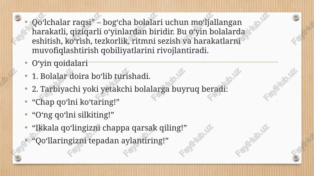quvonch va ijobiy kayfiyat hosil qilib, sog‘lom rivojlanishiga yordam beradi. “qo‘lchalar raqsi” o‘yinining maqsadi: bolalarda harakatlarni muvofiqlashtirish va jismoniy faollikni oshirish. musiqa va ritmni sezish qobiliyatini rivojlantirish. diqqat va tezkorlikni shakllantirish. jamoa bo‘lib o‘ynash orqali hamkorlik va intizomga o‘rgatish. bolalarda quvnoq kayfiyat va ijobiy emotsiyalarni yuzaga keltirish. image4.png image5.jpg image6.jpg image7.png image8.jpg image9.jpg image10.jpg image11.jpg image3.png /docprops/thumbnail.jpeg qo‘ehalar rags”