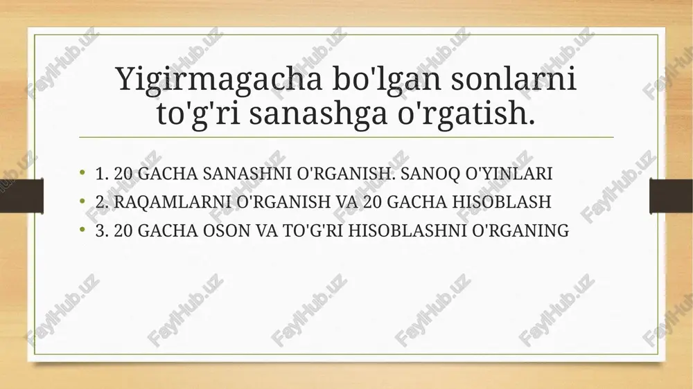 a'ni o'yinchoqlar, barmoqlar ishlatmasdan va faqat raqamlar bilan ishlashga o'rgatish muammosi uning hisoblash jarayonini tushunmasligidadir. chaqaloq bilan 20 ga qadar hisoblashni o'rganishimizni osonlashtirish uchun, avvalo, raqamlarni yozish va nomlashni o'zlashtirishga arziydi; yosh talaba bilan birinchi va ikkinchi o'nlik raqamlarini bir necha marta yozing. shunday qilib, bola operatsiyaning qo'shimcha ob'ekt tasdiqlovini oladi va so'ralganda ob'ektlarni sanashga tayyor bo'ladi. maktabgacha yoshdagi yoki boshlang'ich sinf o'quvchisini 20 tagacha hisoblashni o'rgatishning yaxshi varianti yurish yoki tushlik paytida matematik o'yinlardir (20 ta daraxt, 20 ta makaronni plastinkada sanash, 20 ta köfte tayyorlash va boshqalar). ushbu o'yinlar bolani o'quv muhitidan chalg'itadi va haqiqiy hayotda matematik harakatlar foydaliligini ko'rsatadi. kichkina bolaning o'rganishni idrok etish jarayoni katta yoshdagi bolaning va hatto kattalarning idrokidan sezilarli darajada farq qiladi. shuning uchun, biz o'ndan yigirmagacha raqamlarni o'rgatganimizda, vazifalar bolaga tushunarli va uni bajarish uchun ochiq bo'lishi muhimdir. 20 ichida hisoblash bo'yicha amaliy topshiriqlar bunga yordam beradi, bepul yuklab olish, erta rivojlanish …