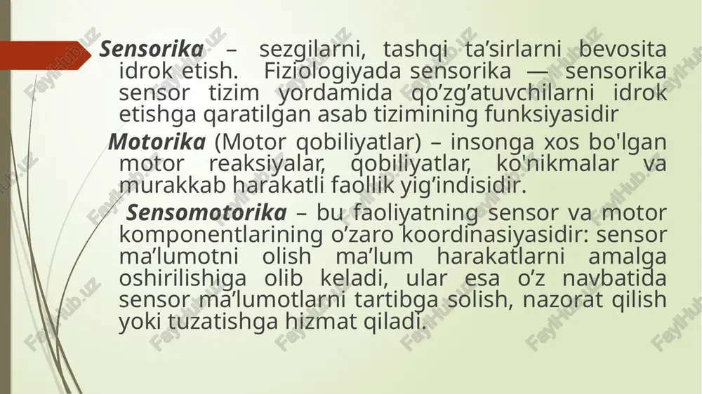 h maydoni kengayib boradi. 4,5 - 5 oy. barcha harakat tizimlarining faoliyati takomillashishi davom etadi. bola qo'llarini ushlab oldinga tortishganda o'tirishga harakat qiladi. belidan ushlansa, boshini to'g'ri ushlab tik o’tiradi. bu juda muhim belgi bo’lib, vertikal pozitsiyani qabul qilish tendentsiyasi mavjudligini anglatadi. shu bilan birga, qo’liga tutqizilgan shiqildoqdan ovoz chiqarish qobiliyat paydo bo'ladi. bu harakat ham muhim ahamiyatga ega. bu predmetli faoliyatning ya’ni miya yarimsharlari po’stlog’ini yetilish jarayonini boshlanishidan dalolat beradi. 5-5, 5oy. bola belida yotgan holda qo'llari bilan tizzalarga tegish, qornida yotib, ag’darilish qobiliyati yuzaga keladi. bu tarzda bola o’z tana sxemasini o’rganishni boshlab, keyinchalik bu jarayon o’z "meni"ning paydo bo'lishiga olib keladi. 5,5-6,5 oy. miyaning post-markaziy va premotor zonalarining funksiyalari yetilib, buning asosida tananing va qo’l-oyoqlarning ma’lum holatlari, shuningdek ularning seriyasi shakllanadi. taxminaniy faoliyat yanada murakkablashadi. bola qorinda yotib, cho'zilgan qo'llariga suyanadi, kaftlari ochiladi. shu payt bola tanasining ko’krak qismini ko’taradi? dahanini esa biroz pastga tushiradi . bu …