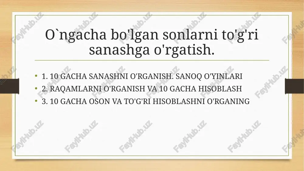 dan va faqat raqamlar bilan ishlashga o'rgatish muammosi uning hisoblash jarayonini tushunmasligidadir. chaqaloq bilan 10 ga qadar hisoblashni o'rganishimizni osonlashtirish uchun, avvalo, raqamlarni yozish va nomlashni o'zlashtirishga arziydi; yosh talaba bilan birinchi va ikkinchi o'nlik raqamlarini bir necha marta yozing. shunday qilib, bola operatsiyaning qo'shimcha ob'ekt tasdiqlovini oladi va so'ralganda ob'ektlarni sanashga tayyor bo'ladi. maktabgacha yoshdagi yoki boshlang'ich sinf o'quvchisini 10 tagacha hisoblashni o'rgatishning yaxshi varianti yurish yoki tushlik paytida matematik o'yinlardir (10 ta daraxt, 10 ta makaronni plastinkada sanash, 10 ta köfte tayyorlash va boshqalar). ushbu o'yinlar bolani o'quv muhitidan chalg'itadi va haqiqiy hayotda matematik harakatlar foydaliligini ko'rsatadi. kichkina bolaning o'rganishni idrok etish jarayoni katta yoshdagi bolaning va hatto kattalarning idrokidan sezilarli darajada farq qiladi. shuning uchun, biz o'ndan yigirmagacha raqamlarni o'rgatganimizda, vazifalar bolaga tushunarli va uni bajarish uchun ochiq bo'lishi muhimdir. 10 ichida hisoblash bo'yicha amaliy topshiriqlar bunga yordam beradi, bepul yuklab olish, erta rivojlanish markazida o'qituvchilar va …