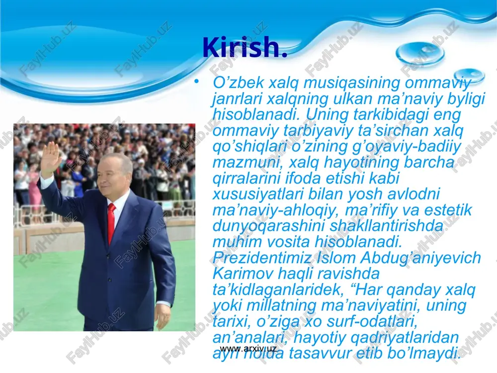 ular mazmunidagi go’zallik, ulug’vorlik, jo’shqinlik, tushkunliik, g’amginlik, ma’yuslik his tuyg’ularini uyg’otuvchi xususiyatlarga ega ekanligidir. bunday asarlarni tinglash, tahlil qilish, yaratish tarixi mohir ijrochilari g’oyaviy-badiiy mazmuni haqidagi suhbatlar o’quvchi yoshlar qalbida ezgu his-tuyg’ular uyg’otadi. ideal obrazlar timsolidagi olijanob fazilatlarni egallashga ilhomlantiradi. www.arxiv.uz www.arxiv.uz xalq qo’shiqlari o’zining shakl va janr xususiyatlariga ko’ra sertarmoqli bo’lib, ular orasida alla, qo’shiq, ashula, yalla, lapar va bolalar o’zbek musiqasining janrlari, qo’shiqlari ommaviyligi bilan ajralib turadi. masalan, inson hayotida birinchi bo’lib eshitgan qo’shiq bu – alladir. alla onalarning dil tubidan sizib chiqqan ezgu-umidlari, farzandining kelajagi haqidagi shirin orzulari ifodasidir. allaning sehrli qudrati haqida buyuk alloma abu ali ibn sino shunday yozadi: “bolani mijozini kuchaytirmoq uchun unga ikki narsani qo’llamoq kerak. biri, bolani asta-sekin tebratish, ikkinchisi uni uxlatish uchun zarur musiqali alladir. bu ikki narsani qabul miqdoriga qarab, bolaning tanasi bilan badantarbiyaga va ruhi bilan musiqaga bo’lgan iste’dodini hosil qilinadi”. www.arxiv.uz www.arxiv.uz qo’shiq barmoq vaznidagi to’rtlik she’rli misralar …