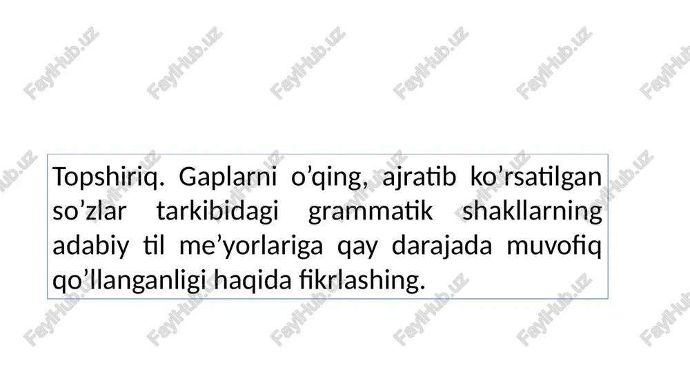iy asarda tasvirga erka bir ohang berish maqsadi bilan mahoratli ijodkor abdulla qodiriy bu xabarni eshituvchi – kumushbibining qora ko’zlari jiq yoshga to’lib, kipriklari yosh bilan belandilar tarzidagi go’zal jumlani tuzadi. 17-mashq. berilgan parchada badiiy maqsad bilan so’z yasalishi me’yorlaridan chekinish holatini izohlang. uning (otabekning) ko’ngil mevasi bu kungi qora voqea bilan qanday o’ralib, yo’qolib ketgan bo’lsa, bundagi daraxtlar ham o’z mevalarini kecha rangi bilan bo’yab, yashil yaproqlari ila ko’mgan edilar, ya’ni bunda o’sgan daraxtlar qanday meva beradir – ajratish qiyin edi. u shu qorong’uzor bilan qo’shi lishib ketgandek va qorong’ulikning quchog’iga kira borgandek mevazorning ichkarisiga yura bordi. (abdulla qodiriy) 18-mashq. matnni ko’chiring va otlanmoq so’zi bilan bog’liq holda leksik me’yorning turg’unligi haqida fikr yuriting. taraqqiyot shunchalik tezlashib ketdiki, sal bo’shashsang, yo modadan orqada qolasan, yo avtobusdan. hatto so’z tug’ilish sur’ati ham bu taraqqiyot oldida juda imillayapti. masalan, qadimda yo’lga otlandi degan gap bor edi. hozir otlar o’rnini texnika egallab …