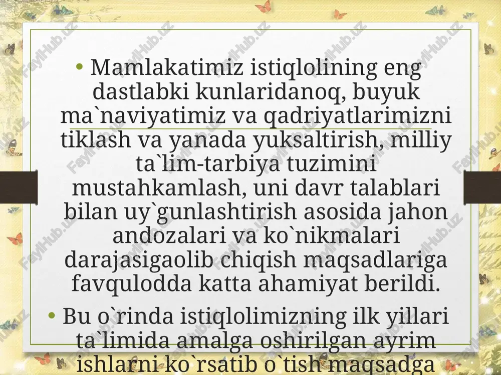 aviy ilm-fan, madaniyat, texnika va texnologiya yutuqlari bilan muntazam ravishda tanishtirib borish benihoya katta ahamiyatga ega. chunki taraqqiyot taqdirini ma`naviy jihatdan yetuk, texnikaviy bilimlar va murakkab texnologiyani egallagan, irodasi baquvvat, iymoni butun, zamonaviy fikrlaydigan, yuksak salohiyatli odamlar hal etadi. kelajak taqdirimizga hal qiluvchi ta`sir ko`rsatadigan asosiy omil – fan-texnika, madaniyat, ma`rifat, ta`lim-tarbiya, ijtimoiy-iqtisodiy munosabatlar borasidagi yangiliklar va yutuqlarni, jahon mamlakatlari tajribalarini keng ko`lamda o`rganish, rivojlantirish va hayotga joriy etishdir. ilm-fan, madaniyat va ma`rifat har qanday mamlakat va xalqni yuksaklikka ko`taradi, uning taraqqiyotini ta`minlaydi, kelajagini oldindan ko`rsatib beradi. ilm-ma`rifat e`zozlangan, ta`lim-tarbiyaga birinchi darajali ahamiyat berilgan mamlakatda turish nizolar, urush to`g`risida o`ylash hech kimning hayoliga ham kelmaydi. chunki ilm-ma`rifat insonni yuksaklikka ko`taradi. ta`lim-tarbiyaga birinchi darajali ahamiyat berish, bu haqda qayg`urish mamlakat va xalq istiqbolini o`ylash demakdir. respublikada “ta`lim to`g`risida”gi qonun hamda “kadrlar tayyorlash milliy dasturi” asosida ishlay boshlaganimizga ko`p bo`lgani yo`q. shu davr ichida mazkur qonun va dasturni joriy etish uchun nimalar …
