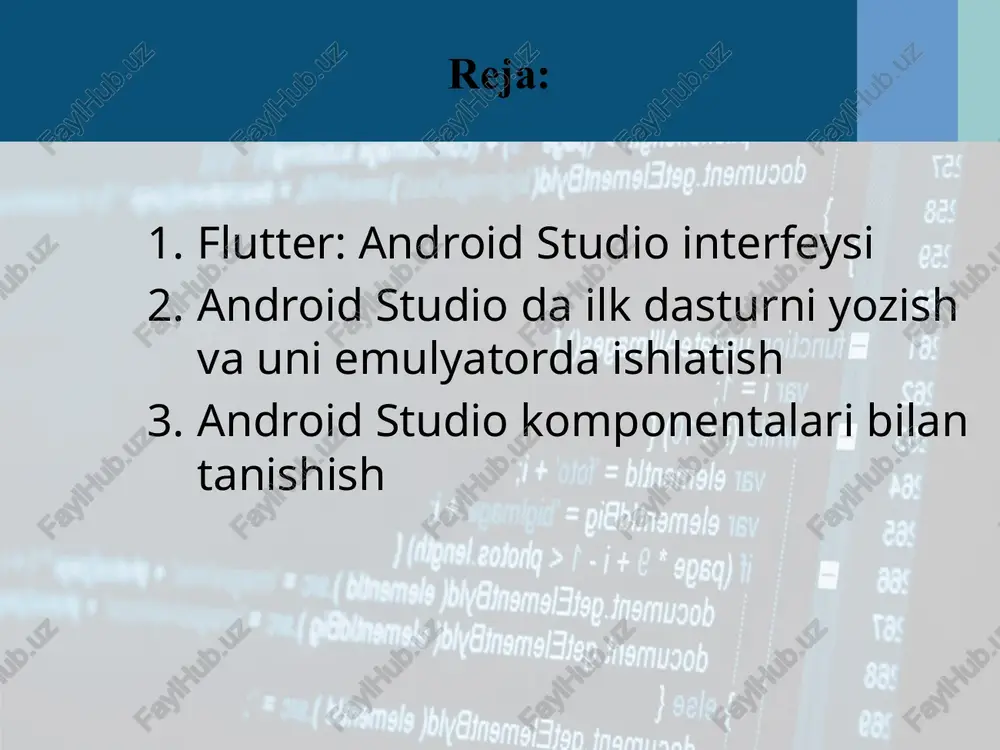 kazda flutter sdk yo'lini ko'rsatamiz: loyiha nomi sohasida loyiha nomini beramiz. hello_app agar taklif qilingan standart manzil mos kelmasa, loyiha joylashgan joyida loyiha manzilini o'zgartirish imkoniyati mavjud description maydonida loyihaning tavsifi ko'rsatilishi mumkin loyiha turi sohasida loyiha turi ko'rsatiladi. odatiy bo'lib, u dastur qiymatiga ega (ya'ni, loyiha dasturni yaratish uchun mo'ljallangan). ushbu standartni qoldiring. android language maydoni android uchun tilni ko'rsatadi. asl qiymati qoldirish mumkin - kotlin. ios language sohasida platfoma ios uchun til ko'rsatiladi. asl qiymati qoldirish mumkin - swift. platformalar sohasida siz loyihani yaratadigan platformalarni belgilashingiz mumkin. odatda android va ios elementlari belgilanadi, ammo boshqa mavjud platformalarni tanlash mumkin. va keyin barcha sozlamalarni o'rnatganingizdan so'ng, loyihani to'g'ridan-to'g'ri yaratish uchun "tugatish" tugmasini bosing. yaratilganidan so'ng, android studio yaratilgan loyihani ochadi: yaratilgan loyiha jamoa yordamida konsolda o'tgan mavzuda yaratilgan bir xil tuzilishga ega bo'ladi flutter create. studiya markazida asosiy fayl ochiladi.to'g'ri dastur kodini o'z ichiga olgan dart. android qurilmasini kompyuterga …