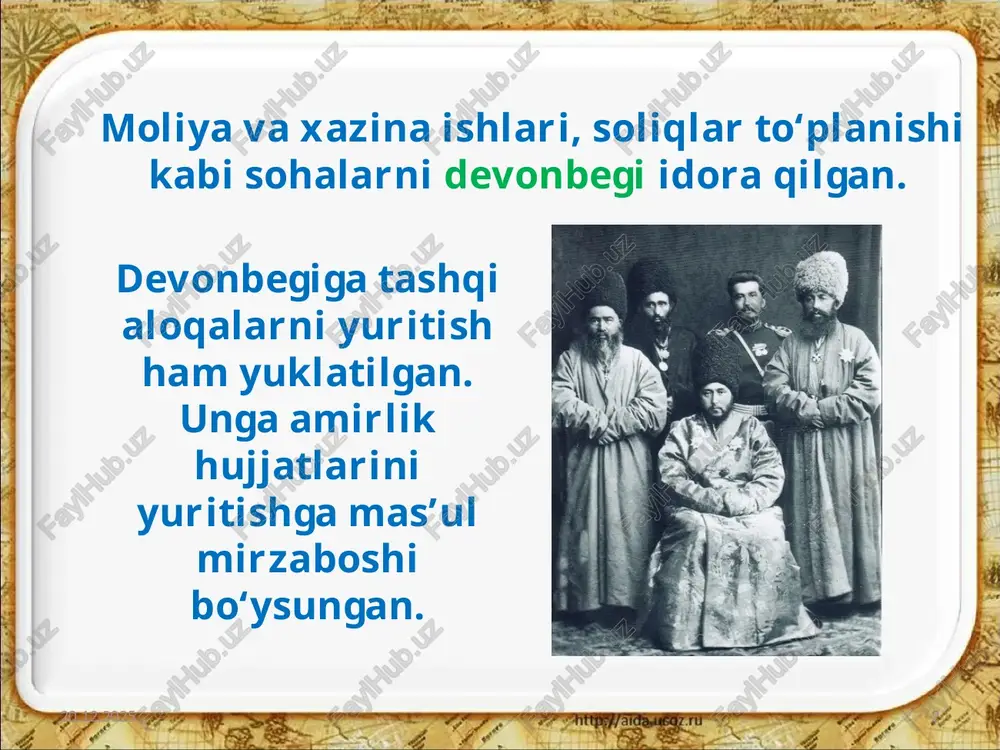 rajatlarini mehtar nazorat qilib borgan. 27.03.2025 11 qozikalon, qozilar islom dini qoidalari asosida sud ishlarini olib borganlar. muhtasib-raislar diniy ishlar, shariat qoidalariga rio ya qilinishi, savdo-sotiqning to‘g‘ri yuritilishini nazorat qilganlar. 27.03.2025 12 image2.jpeg image3.gif image4.jpeg image5.jpg image6.jpeg image7.jpeg image8.jpeg image9.jpeg image10.jpg image11.jpg image12.jpeg image1.jpeg bowoctuot vis = hb truth /docprops/thumbnail.jpeg