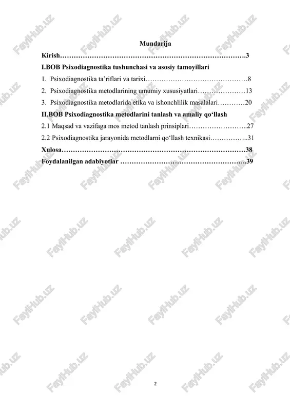 quvchilarning qobiliyat va shaxsiyatini aniqlash, kasbiy faoliyatda xodimlarning ish samaradorligi va ijtimoiy moslashuvchanligini baholash kabi vazifalar amaliy topshiriq asosida psixodiagnostik metodlarni qo‘llashni talab qiladi. shu sababli, amaliy topshiriq harakteriga ko‘ra metodlarni tizimli tasniflash psixologik xizmatlarning sifatini oshirish, natijalarni talqin qilishni aniqlashtirish va shaxsga mos yondashuvni ishlab chiqish imkonini beradi. psixodiagnostika metodlarini amaliy topshiriqlar kontekstida o‘rganish va tasniflash ilmiy tadqiqotlarga yangi yo‘nalishlar ochadi, psixologik xizmat ko‘rsatish sohasida innovatsion yondashuvlarni tatbiq etishga imkon yaratadi. bu nafaqat psixologik tadqiqotlar, balki pedagogik va kasbiy faoliyat sohalarida ham dolzarb ahamiyat kasb etadi. mazkur ishda mavzuning dolzarbligi va ahamiyati shaxsning individual xususiyatlariga mos psixodiagnostika metodlarini tanlash, ularni tizimli ravishda tasniflash va amaliy qo‘llash imkoniyatlarini o‘rganish bilan izohlanadi. shu bilan birga, ish amaliy topshiriqlar asosida psixodiagnostika metodlarining samaradorligini aniqlashga qaratilgan kompleks ilmiy-tadqiqot ishlari sifatida taqdim etiladi. [1: alimov s. psixodiagnostika va uning metodikasi. – toshkent “fan va texnologiya”, 2020.] mavzuning dolzarbligi psixodiagnostika zamonaviy psixologiya va pedagogik tadqiqotlarning …