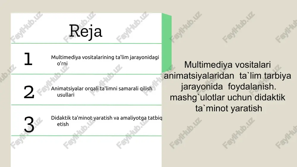 larni vizual va eshitish orqali tushunishni osonlashtiradi." }, { "advantage": "qiziqarli ta'lim", "explanation": "interaktiv elementlar talabalarning diqqatini jalb qiladi va o'rganish jarayonini qiziqarli qiladi." }, { "advantage": "moslashuvchanlik", "explanation": "multimediya materiallari turli formatlarda taqdim etilishi mumkin, bu esa o'zlashtirishni yengillashtiradi." }, { "advantage": "tajribali o'rganish", "explanation": "o'quvchilar multimedia vositalaridan foydalanib, amaliy tajribaga ega bo'lishadi." }, { "advantage": "axborotga kirish", "explanation": "internet orqali multimedia materiallariga kirish imkoniyati o'quvchilarga kengaytirilgan axborot manbalaridan foydalanish imkonini beradi." } ] } multimediya vositalarini qo'llashda duch kelinadigan muammolar 1. texnik qiyinchiliklar: o'quvchilar va o'qituvchilar multimedia vositalarini qo'llashda texnik muammolarga duch kelishlari mumkin. masalan, internetning sekinligi yoki dasturiy ta'minotning ishlamasligi sababi bilan dars jarayoni to'xtab qolishi mumkin. 2. o'qituvchilarning malakasi: ba'zi o'qituvchilar multimedia vositalaridan foydalanish uchun yetarli bilim va ko'nikmalarga ega emaslar. ushbu muammo, o'qitish jarayonining samaradorligini pasaytiradi. 3. o'quvchilarni jalb qilish: multimedia vositalarini qo'llashda ba'zan o'quvchilarni jalb qilish qiyin bo'lishi mumkin. o'quvchilar e'tiborini jalb qilish uchun …