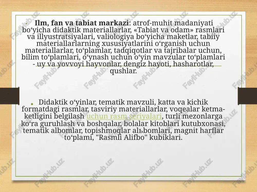 a kognitiv qiziqishni faollashtirish; rivojlanish faoliyati; nostandart holatlarda samarali harakatlarga tayyorlikni rivojlantirish; tashabbuskorlikni rivojlantirish, o‘z fikrlarini ijodiy ifoda etish qobiliyatini rivojlantirish bolalarni texnik va badiiy ixtiro bilan tanishtirish; vizual - majoziy idrokni rivojlantirish; xotirani, nozik vosita ko‘nikmalarini, fikrlash, tasavvurni rivojlantirish; kommunikativ ko‘nikmalarni, muloqot qobiliyatini va jamoaviy ijodkorlikni rivojlantirish; bolalarda izlanish va kognitiv faoliyatni rivojlantirish istiqbollarini kengaytirish; barkamol shaxsni rivojlantirish. maktabgacha yoshdagi bolalarni tarbiyalashda rivojlanish markazlarini tashkil etishning asosiy sharti pedagogdan tayyor bilim olishdan ko‘ra, bolaga rivojlanish markazlarida faoliyatni tanlash imkoniyatini berish, bunda u atrofdagi dunyo haqida bilimlarni mustaqil ravishda egallashi, ko‘nikmalari va qobiliyatlarini rivojlantirish, bolaga qiziquvchanlik, mustaqil izlanish, tadqiqot jarayoniga qo‘shilish imkoniyatini berishdir. rivojlanish markazlari quyidagi funksiyalarni bajarishi kerak ta’lim, rivojlantiruvchi, rag‘batlantiruvchi, uyushgan, kommunikativ o‘qitish, guruhda rivojlantiruvchi – predmetli muhitni yaratishda har bir bolaning boshlan?ich shaxsiy xususiyatlarining shakllanishiga, uning imkoniyatlari, qiziqishlari va rivojlanishini hisobga olish zarur. bola shaxsiga yo’naltirilgan ta’limda samarali metodlardan biri – ularni o’rab turgan tabiiy sharoit, uy, …