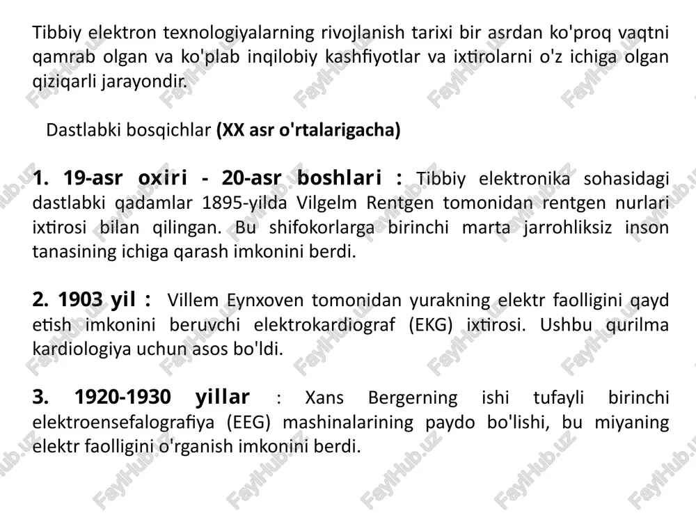 tomonidan olib borilgan tadqiqotlar natijasida mumkin bo'ldi. 8. 1980-1990 yillar : laparoskoplar va endoskoplar kabi birinchi minimal invaziv jarrohlik asboblarini joriy etish. ushbu texnologiyalar bemorning tiklanish vaqtini qisqartirib, minimal kesmalar bilan murakkab operatsiyalarni amalga oshirish imkonini berdi. zamonaviy ishlanmalar (2000 va undan keyingi yillar) 9. 2000-yillar : telemeditsina va robotli jarrohlikning faol rivojlanishi. da vinchi kabi tizimlar jarrohlarga murakkab operatsiyalarni yuqori aniqlik va minimal invazivlik bilan bajarishga imkon berdi. 10. 2010-yillar va undan keyingi yillar : taqiladigan salomatlik monitoringi qurilmalarini (masalan, fitnes bandlari, aqlli soatlar) keng joriy etish, shuningdek, tibbiyotda sun'iy intellekt va mashinani o'rganish texnologiyalarini rivojlantirish. ushbu texnologiyalar katta hajmdagi tibbiy ma'lumotlarni tahlil qilish va yuzaga kelishi mumkin bo'lgan kasalliklarni bashorat qilish, tashxis va davolashni yaxshilash imkonini beradi. 11. 2020-yillar : moslashtirilgan implantlar va protezlarni yaratish uchun 3d bosib chiqarishni joriy etish, hujayra darajasida kasalliklarni tashxislash va davolash uchun biochiplardan foydalanish va tibbiy ma'lumotlarning xavfsizligi va maxfiyligini ta'minlash uchun …
