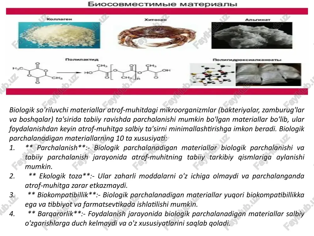 , bu esa parchalanishdan keyin ularni qayta ishlatishga imkon beradi. ushbu xususiyatlar biologik parchalanadigan materiallarni qadoqlash, qishloq xo'jaligi, tibbiyot, qurilish va boshqalar kabi turli sohalarda foydalanish uchun jozibador qiladi, chunki an'anaviy materiallarga ekologik jihatdan qulayroq alternativa. bioso’riluvchi materiallar, shuningdek, biosorbent materiallar sifatida ham tanilgan, istalmagan reaktsiyalar yoki toksik ta'sirlarni keltirib chiqarmasdan biologik tizimlar bilan o'zaro ta'sir qilish qobiliyatiga ega bo'lgan materiallardir. ushbu materiallar tibbiyot va biotexnologiyada implantlar, tibbiy asbob-uskunalar, to'qima muhandislik tuzilmalari va tirik organizmlarga mos keladigan boshqa mahsulotlarni yaratish uchun keng qo'llaniladi. bu erda biomos keluvchi materiallarning bir nechta misollari keltirilgan: 1. poliatzetal (pom, polyoxymethylene): qon tomir protezlari va boshqa tibbiy asboblarni tayyorlash uchun ishlatiladigan bardoshli va qattiq plastmassa. 2. polietilen tereftalat (pet, pet): ko'pincha tibbiy qadoqlash, protezlar va implantlarni yaratish uchun ishlatiladigan shaffof va bardoshli material. 3. poliuretan (pu): protezlar, stentlar va boshqa tibbiy asboblarni tayyorlash uchun ishlatiladigan moslashuvchan va bardoshli polimer. 4. polimetil metakrilat (pmma): - kontakt …