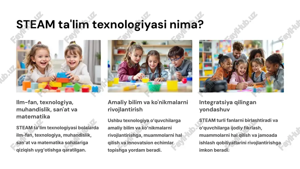 asidan foydalanish tajribasi aqshda steam ta'limi maktabgacha ta'lim muassasalarida keng tarqalgan. bu erda ta'lim dasturlari yosh bolalarni fan, texnologiya, muhandislik, san'at va matematika sohalariga jalb qilishga qaratilgan. bolalar o'zlarining ijodkorlik va muammolarni hal qilish qobiliyatlarini rivojlantirish uchun o'yinlar, faoliyatlar va loyihalar orqali steam tamoyillarini o'rganadilar. aqsh maktabgacha ta'lim muassasalarida steam dasturlari bolalarda ilmiy va texnik sohalarga qiziqish uyg'otishga yordam beradi. 4 germaniya maktabgacha ta'limda steam ta'lim texnologiyasidan foydalanish tajribasi germaniyada maktabgacha ta'limda steam ta'lim texnologiyasi keng qo'llaniladi. steam ta'lim dasturlari maktabgacha ta'lim muassasalarida keng tarqalgan. steam ta'lim dasturlari bolalarning ilmiy, texnik, muhandislik, san'at va matematika sohalaridagi bilim va ko'nikmalarini rivojlantirishga qaratilgan. germaniya steam ta'lim dasturlari o'yinlar, faoliyatlar va loyihalar orqali o'quvchilarning qiziqishini oshiradi. steam ta'lim dasturlari o'quvchilarga muammolarni hal qilish, muloqot qilish, jamoaviy ish qilish va tanqidiy fikrlash ko'nikmalarini rivojlantirish imkonini beradi. 5 rossiya maktabgacha ta'limda steam ta'lim texnologiyasidan foydalanish tajribasi rossiyada steam ta'lim texnologiyasi maktabgacha ta'limda jadal rivojlanmoqda. steam …
