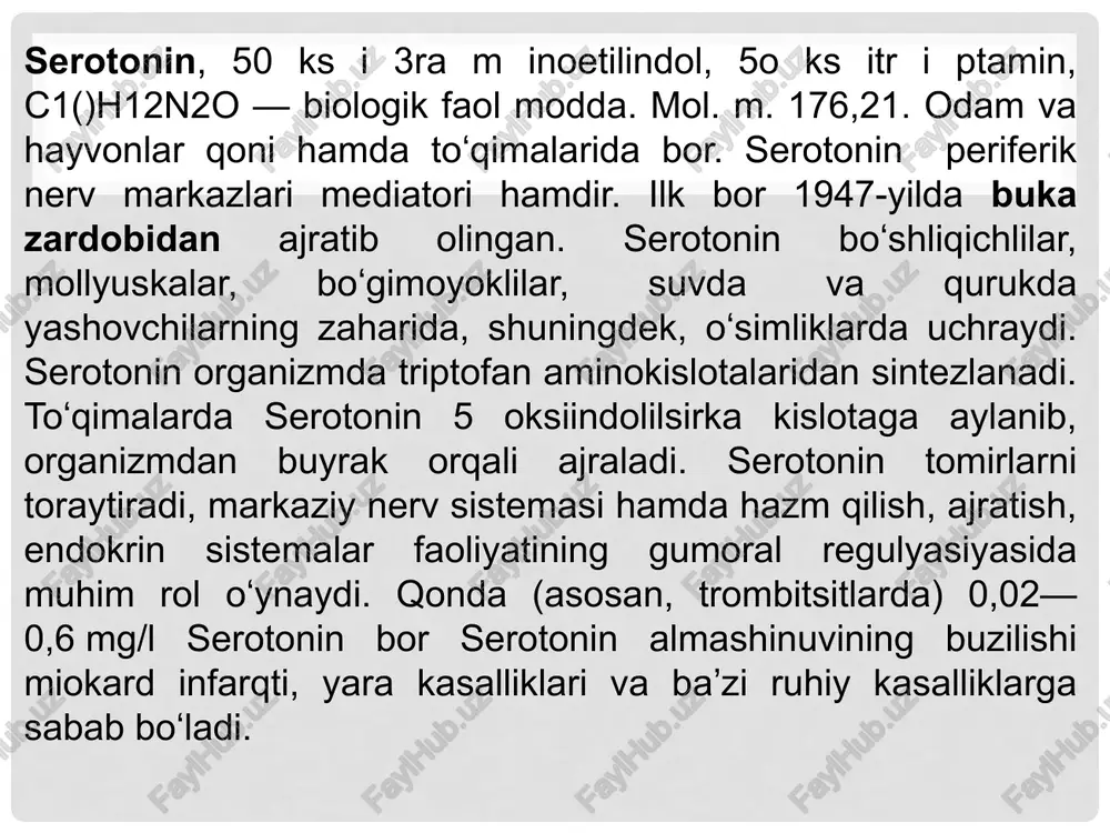 antidepressantlar, ammo ular ko'proq yon ta'sirga ega. masalan: amitriptilin (elavil), imipramin (tofranil), nortriptilin (pamelor). atipik antidepressantlar: ushbu dorilar serotonin ustida boshqa toifalarga qaraganda turli yo'llar bilan ishlaydi. bunga misollar: bupropion (vellbutrin), trazodon (desyrel), mirtazapin (remeron). 5-ht1 retseptorlari agonistlari (triptanlar): ular migren uchun maxsus ishlatiladi. ular serotonin retseptorlarining ma'lum bir kichik turini rag'batlantirish orqali ishlaydi. misollar: sumatriptan (imitrex), zolmitriptan (zomig), rizatriptan (maxalt). sedativlar, shuningdek, trankvilizatorlar sifatida ham tanilgan, qo'zg'alish, tashvish, zo'riqish va xavotirni kamaytirish uchun ishlatiladigan dorilar guruhidir. ular markaziy asab tizimiga ta'sir qiladi, uning faoliyatini sekinlashtiradi. sedativ vositalardan foydalanish: ansteziya buzilishi: tashvish, qo'rquv va vahima hujumlarini kamaytirish uchun. uyqusizlik: uxlashni osonlashtirish va uyqu sifatini yaxshilash. mushaklarning spazmlari: mushaklarni bo'shashtirish va spastisitni kamaytirish. tutqanoqlar: epilepsiyaning ayrim turlarida tutilish faolligini nazorat qilish. operatsiyadan oldin premedikatsiya: bemorni tinchlantirish va operatsiyadan oldingi tashvishlarni kamaytirish. sedativlarning asosiy turlari: benzodiazepinlar: bu sedasyonning eng keng tarqalgan turi. ular tashvish va uyqusizlik alomatlarini qisqa vaqt ichida bartaraf etishda …