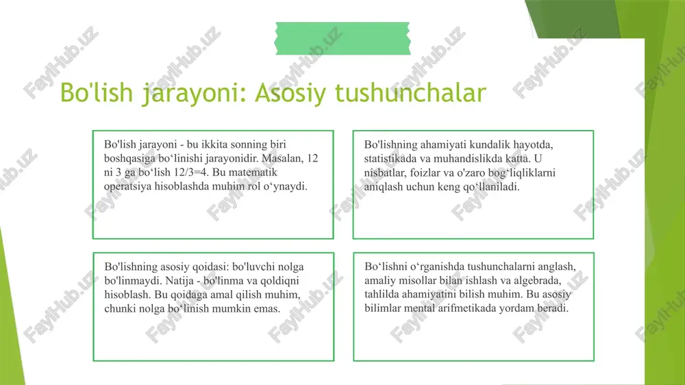 b hisoblash. taqsimlash usuli esa, katta sonlarni kichik qismlarga bo‘lish orqali hisoblashni osonlashtiradi, masalan, 24 ÷ 3 va 8. afzalliklari va kamchiliklari qisqartirish tez va qulay, ammo faqat mos keladigan holatlarda ishlatiladi. kamchiliklari esa, faqat to‘g‘ri mos keladigan holatlarda foydali bo‘ladi. taqsimlash keng qo‘llaniladi, lekin ko‘proq vaqt va hisoblash uchun ko‘proq e'tibor talab qiladi. ammo, katta sonlarni bo‘lishda qulaydir. bo'lish jarayonida qo'llaniladigan usullar o'qituvchilarga mos misollarni tanlash muhim, bu ularning tushunishini oshiradi. har bir bosqichni tizimli va aniq bajarish, muammoni tahlil qilish va yechimlarni izlash muhim. natijalarni baholash uchun muhokama qilish va xatolarni tahlil qilish, bilimni mustahkamlashga yordam beradi. amaliy misollar bilan bo'lishni mustahkamlash misollarni tahlil qilishda, har bir bosqichni diqqat bilan o'rganish muhim. misolning tuzilishi, yechish usuli va qadamlarini aniq belgilash kerak. o'quvchilarning xatolarini aniqlash uchun, ularning qanday noto'g'ri tushunishlari va qaysi joylarda xatoliklar yuzaga kelishini kuzatamiz. bu, bo'lish amaliyotidagi qiyinchiliklarni aniqlash uchun muhimdir. xatolarni tuzatish va to'g'ri yechimga …