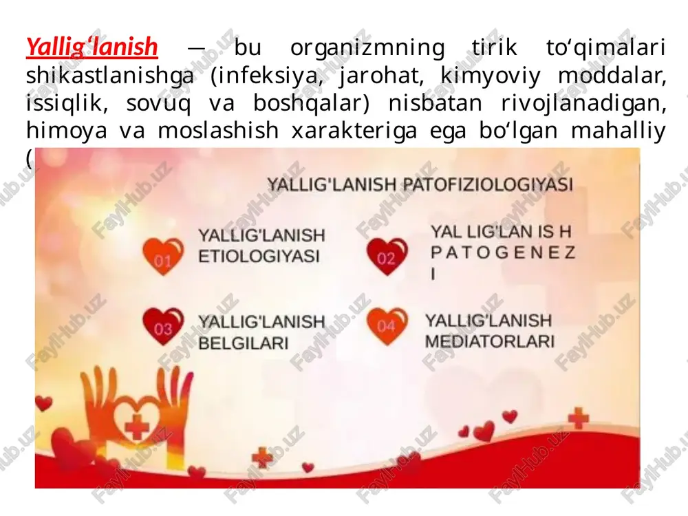 oshlanadi, belgilari aniq (qizarish, shish, og‘riq va h.k.). — odatda bir necha kun yoki hafta davom etadi. — misol: o‘tkir pnevmoniya, tonzillit. surunkali (xronik) yallig‘lanish: — uzoq vaqt (oylar, yillar) davom etadi. — hujayra infiltratsiyasi va to‘qima o‘zgarishlari bilan kechadi (fibroz, chandiqlanish). — misol: surunkali gastrit, revmatoid artrit. ekssudat (chiqadigan suyuqlik) turiga ko‘ra: seroz yallig‘lanish: — to‘qimalarda suyuq, oqartuvchi ekssudat to‘planadi. — misol: seroz plevrit. fibrinoz yallig‘lanish: — ekssudatda fibrin oqsili ko‘p bo‘ladi. to‘qimalarda fibrin plyonka hosil qiladi. — misol: fibrinoz pnevmoniya. yiringli (purulent) yallig‘lanish: — ekssudat tarkibida ko‘p miqdorda o‘lik leykotsitlar va mikroblar bo‘ladi (yiring). — misol: abssess, flegmona. gemorragik yallig‘lanish: — ekssudatda ko‘p qon aralashadi. — misol: gemorragik isitmalar. gangrenoz yallig‘lanish: — to‘qima nekrozi va chirish jarayoni bilan kechadi. — misol: gangrenoz apenditsit. patologik jarayon shakliga ko‘ra: oddiy yallig‘lanish: faqat mikrotsirkulyatsiya va hujayra reaksiyasi bilan kechadi. spetsifik yallig‘lanish: maxsus infeksiyalar (masalan, sil, sifilis) chaqiradigan, granuloma hosil qiluvchi yallig‘lanish. …