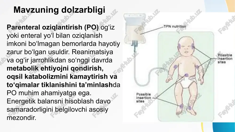 i bemorning yoshiga, og‘irlik darajasiga, suyuqlik yo‘qotishiga va metabolik ehtiyojiga muvofiq hisoblanadi. uglevodli eritmalar uglevodlar parenteral oziqlantirishning asosiy energetik manbai hisoblanadi. eng ko‘p ishlatiladigani glyukoza eritmasi bo‘lib, 5–20% konsentratsiyada yuboriladi. u tez energiya beradi va oqsil parchalanishini kamaytiradi. glyukoza eritmasi bilan birga insulin kiritilishi giperglikemiyani oldini oladi. fruktoza eritmalari esa ba’zan alternativ sifatida qo‘llanadi, ammo jigar shikastida ehtiyotkorlik zarur. aminokislota eritmalari aminokislotalar organizmda oqsil sintezi va azot balansini saqlashda asosiy rol o‘ynaydi. parenteral oziqlantirishda ular oqsil katabolizmini kamaytirib, to‘qimalar regeneratsiyasini rag‘batlantiradi. aminoven, aminosteril, nephrosteril kabi eritmalar keng qo‘llanadi. ularning tarkibi essensial va noessensial aminokislotalarni o‘z ichiga oladi. dozasi bemorning azot ehtiyoji va buyrak faoliyatiga qarab belgilanadi. yog‘ emulsiyalari yog‘ emulsiyalari yuqori energiya manbai sifatida parenteral oziqlantirishda muhim o‘rin tutadi. ular 1 g uchun 9 kkal energiya beradi, shuningdek, yog‘ kislotalari hujayra membranalarini barqarorlashtiradi. emulsiyalar odatda soya, kokos (mct), yoki aralash triglitseridlarga asoslanadi. yog‘ emulsiyalari immunomodulyator ta’sir ko‘rsatib, prostaglandin va leykotriyen …