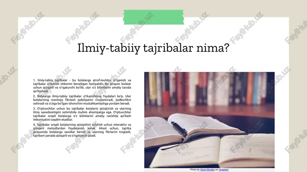 fikrlarini ifoda etishga, yangi bilimlarni qidirishga undaydi va munozaralar orqali fikr almashishga yordam beradi. ta'lim jarayonida o'zaro aloqa o'zaro aloqa orqali bolalar o'z qiziqishlarini va fikrlarini baham ko'rishlari mumkin. bu, ularning ijtimoiy ko'nikmalarini rivojlantirishga yordam beradi va do'stlikni o'stiradi. qiziqarli o'yinlar qiziqarli o'yinlar bolalar uchun o'rganish jarayonini qiziqarli va samarali qiladi. o'yinlar, ularning ijodkorligini va muammolarni hal qilish ko'nikmalarini rivojlantirishga yordam beradi. ushbu slayd uchun berilgan ma'lumotlar va tartibni ko'rib chiqib, slayd turi o'z ichiga sarlavha va qisqacha matnni oladi. slayd sarlavhasi "ilmiy-tabiiy tajribalar misollari" bo'lib, bu mavzu bo'yicha asosiy nuqtalarni ko'rib chiqish kerak. oldingi slaydlar bilan takrorlanmaslik uchun, har bir nuqtani alohida yoritish va yangi ma'lumotlarni taqdim etish muhimdir. slayd sarlavhasini ta'riflab, quyidagi asosiy fikrlarni kiritish kerak: 1. oddiy tajribalar misoli: bolalar uchun qiziqarli va oson tajribalar. 2. tajribalar uchun materiallar: zarur bo'lgan vositalar va materiallar ro'yxati. 3. bolalar bilan o'ynash imkoniyatlari: tajribalar orqali o'yinlar va mashg'ulotlar. 4. tajribalar …