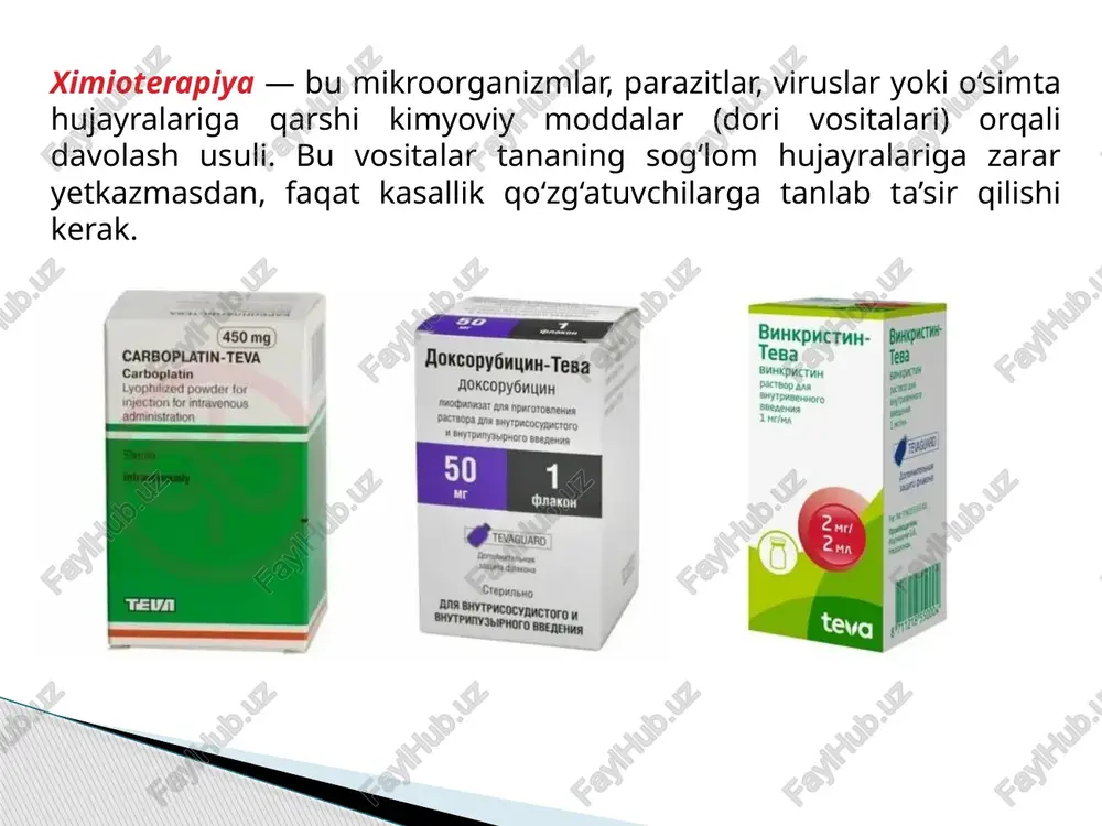 hidamli bo‘lish. ximioterapiya vositalarining turlari ximioterapiya vositalari biologik ta’siriga ko‘ra quyidagilarga bo‘linadi: antibakterial vositalar: antibiotiklar va sun’iy antibakteriallar (penitsillin, streptomitsin, tetratsiklinlar). antiviral vositalar: viruslarga qarshi (interferonlar, aciklovir). antiparazitar vositalar: giardiya, gelmint, malyariyaga qarshi. antiblastom (antitumor) vositalar: o‘sma (rak) hujayralariga qarshi ishlatiladi. antibiotiklar — bu mikroorganizmlarning o‘sishi va ko‘payishini to‘xtatadigan yoki ularni o‘ldiradigan moddalar bo‘lib, ko‘pincha bakteriyalarga qarshi ishlatiladi. ular tabiiy, yarim sun’iy yoki sun’iy yo‘l bilan olinadi. turlari (ta’sir doirasiga ko‘ra): keng ta’sir doirasi: tetratsiklin, xloramfenikol tor ta’sir doirasi: penitsillin (faqat gram-musbat bakteriyalar) ta’sir mexanizmiga ko‘ra: hujayra devorini buzuvchi: penitsillinlar, tsefalosporinlar protein sintezini to‘xtatuvchi: tetratsiklinlar, makrolidlar dnk sintezini buzuvchi: xinolonlar (norfloxacin, ciprofloxacin) folat sinteziga ta’sir qiluvchi: sulfanilamidlar, trimetoprim farmakokinetik xususiyatlari: so‘rilish: og‘iz orqali yoki parenteral taqsimlanish: to‘qimalar va suyuqliklarga yaxshi tarqaladi metabolizm: ba’zilari jigarda (eritromitsin), ba’zilari deyarli metabolizmlanmaydi (gentamitsin) chiqarilish: asosan buyrak orqali sulfanilamidlar — sun’iy yo‘l bilan olingan antibakterial moddalar bo‘lib, ular bakteriyalarning o‘sishini to‘xtatadi (bakteriostatik ta’sir) va asosan …