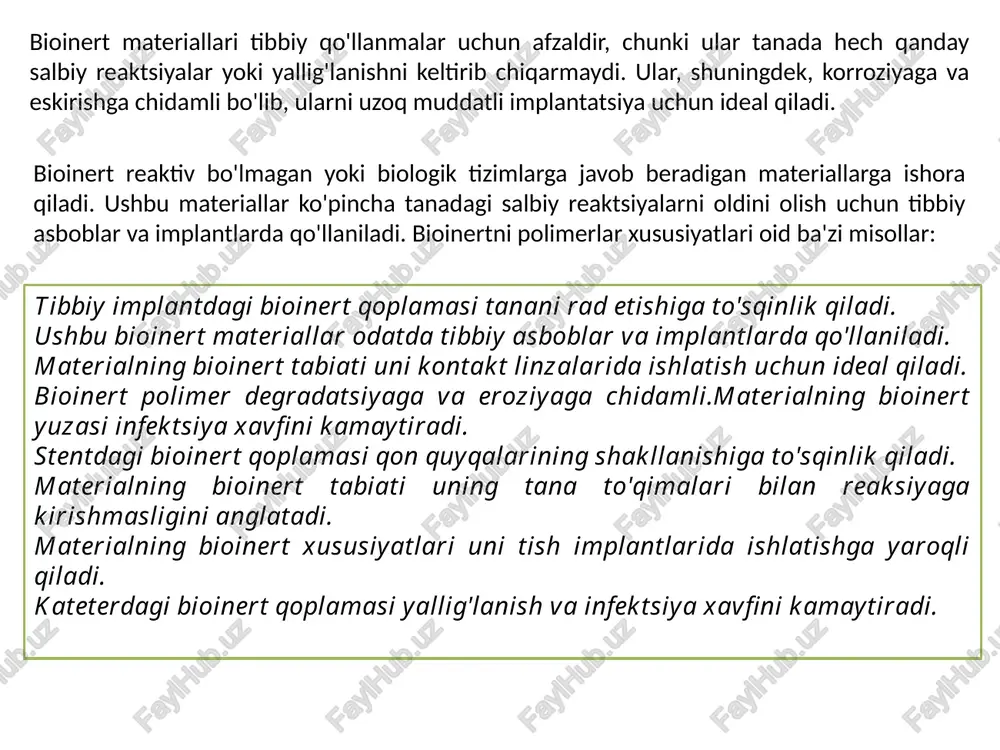 ar tushuniladi. ushbu materiallar reaktiv bo'lmagan deb hisoblanadi va tanadan hech qanday javobni rag'batlantirmaydi. bioinert materiallari odatda tibbiy implantlar va qurilmalarda qo'llaniladi, bu erda ular uzoq vaqt davomida barqaror va o'zgarishsiz qolishlari kerak. bioinert polimerlar turli sohalarda, jumladan, tibbiyot, farmatsevtika, biotexnologiya va boshqa sohalarda muhim rol o'ynaydi. tibbiyotda tez-tez ishlatiladigan 20 ta bioinert polimerlarning ro'yxati: 1. polietilen (pe) 2. polipropilen (pp) 3. polivinilxlorid (pvx) 4. polietilen glikol (peg) 5. polimetil metakrilat (pmma) 6. poliuretan (pu) 7. teflon (politetrafloroetilen, ptfe) 8. silikon kauchuk (polidimetilsiloksan, pdms) 9. poliamid (pa) 10. polikaprolakton (pcl) 11. poli(l-laktid) (plla) 12. poli(d,l-laktid) (pdlla) 13. polietilen tereftalat (pet) 14. polikaproamid (ppa) 15. polietilen naftalat (pen) 16. polietilen imin (pei) 17. polimetil metakrilat (pmma) 18. poliakrilonitril (pan) 19. polibisfenilsulfon (ppsu) 20. polietilen xlorsulfon (pcsu) 1. polietilen: - polietilen kimyoviy barqarorligi, past toksikligi va to‘qimalarga mosligi tufayli tibbiy asbob-uskunalar va implantlarda eng keng tarqalgan va keng qo‘llaniladigan polimerlardan biridir. 2. …