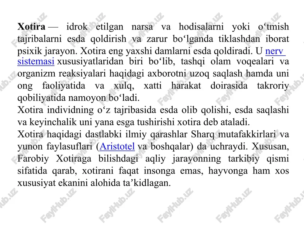 mantiq 3. muddatiga ko‘ra: -uzoq muddatli -qisqa muddatli -operativ xotira esda olib qolish faol jarayondir: bu faollik ikki xil bo‘ladi, shu sababli ixtiyorsiz va ixtiyoriy esda qoldirish xillari ajratiladi: assotsiativ esda qoldirish. bir vaqtda va bir yerda birin-ketin idrok qilingan ikki yoki bir qancha narsa va hodisalarning obrazlari o‘rtasida miyada hosil bo‘ladigan bog‘lanish assotsiativ bog‘lanish yoki assotsi- atsiya deyiladi. masalan, bironta ashulani eshita turib, ayni zamonda shu ashulani aytayotgan odamning o‘zini ham ko‘rsak, shu ashulani (uning kuyi va so‘zlarini) idrok qilish bilan birga, ashula aytib turgan kishining o‘zini ham idrok qilish o‘rtasida yondoshlik assotsiatsiya hosil bo‘ladi. o‘xshashlik assotsiatsiyalar – idrok qilinayotgan narsa bilan esga olinadigan narsa o‘rtasida o‘xshash belgilar bo‘lganda vujudga keladigan bog‘lanishlardir. qush bilan samolyot yoki tarkibida bir-biriga o‘xshash tovushlar bor so‘zlar o‘rtasidagi assotsiatsiyalar shu jumladandir. qarama-qarshilik (kontrakt) assotsiatsiyalar hozir idrok qilinayot- gan narsa bilan ilgari idrok qilingan narsa o‘rtasida qarama-qarshilik yuz berganda hosil bo‘ladigan assotsiatsiyadir (masalan, yorug‘lik va …