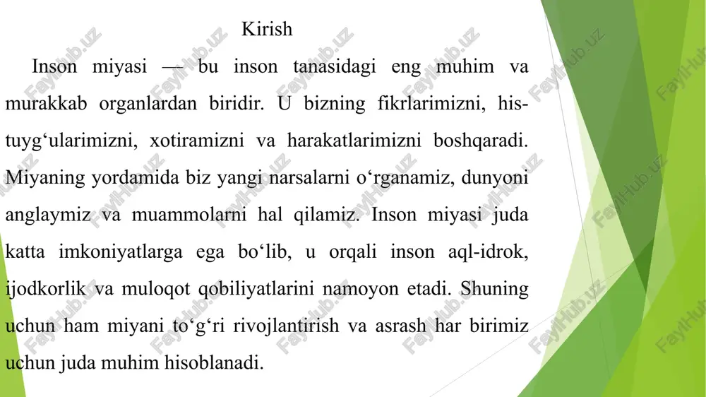 arakat qilishi kerak. foydalanilgan adabiyotlar abdurahmonov sh. inson tanasi va uning tuzilishi. toshkent, 2018. qodirov o. biologiya fanidan darslik. toshkent, 2020. usmonov b. neyrobiologiya asoslari. toshkent, 2019. karimov m. inson aqli va uning imkoniyatlari. toshkent, 2021. tursunov s. miya va uning faoliyati. toshkent, 2017. inson miyasi taxminan 1,3- 1,4 kilogramm og‘irlikda bo‘ladi. miya 100 milliarddan ortiq neyronlardan tashkil topgan. inson miyasi bir vaqtning o‘zida millionlab axborotlarni qayta ishlay oladi. adliy faoliyatni oshirish uchun kitob o‘qish va mantiqiy o‘yinlar juda foydali. miyani rivojlantirish va asrash yo‘llari 1.doimiy o‘rganish va kitob o‘qish: miyani faol ishlashi uchun yangi bilimlar muhim. har kuni kitob o‘qish, yangi so‘zlar yodlash yoki fanlar bilan shug‘ullanish aqliy salohiyatni oshiradi. 1.aqliy mashqlar va mantiqiy o‘yinlar: shaxmat, krossvord, matematik masalalar va boshqotirmalar miyaning tahlil gilish va eslab qolish qobiltyatini kuchaytirad1. 2.jismonty faollik: yengil mashqlar, yurish, yugurish yoki sport bilan shug‘ullanish. har kuni yangi narsalarni o‘rganish miyani faol qiladi. yetarli uyqu …