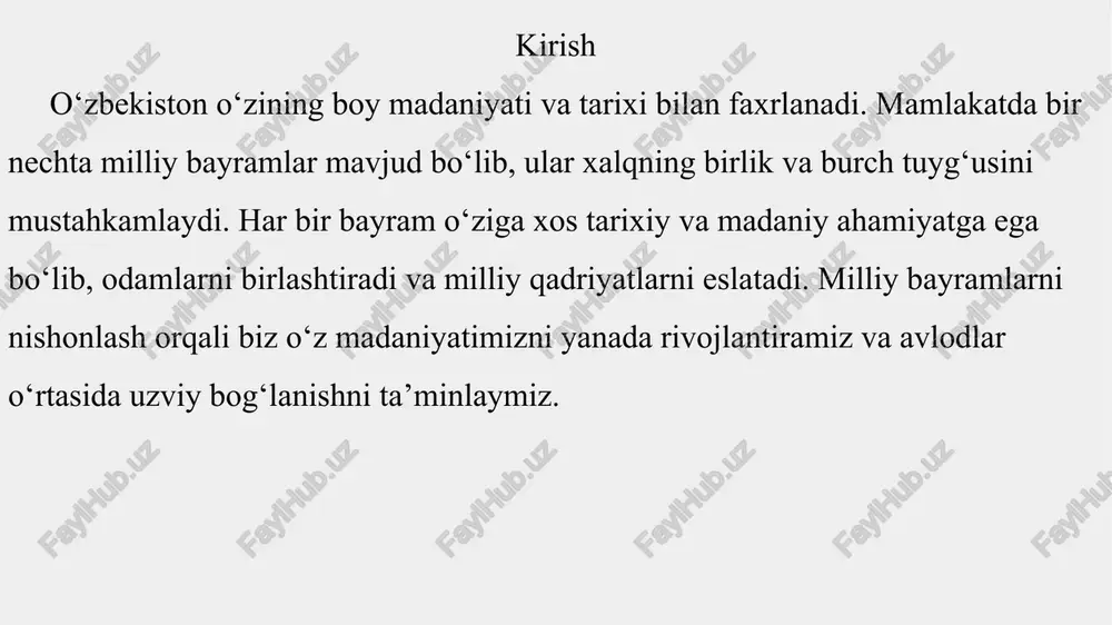 nishonlash an’analari va odatlari. o‘zbekiston milliy bayramlarini nishonlashda ko‘plab an’ana va odatlar saqlanib qolgan. mustaqillik kunida ko‘chalarda bayram paradlari o‘tkaziladi, davlat ramzlari va bayroqlari ko‘tariladi. shuningdek, konsertlar, ko‘rgazmalar va turli madaniy tadbirlar tashkil etiladi. navro‘z bayramida odamlar uylarini tozalab, “sumalak” tayyorlashadi — bu maxsus navro‘z taomi bo‘lib, oila a’zolari bilan birga tayyorlanadi. shuningdek, navro‘zda ko‘plab milliy o‘yinlar, qo‘shiqlar va raqslar namoyish etiladi. mehnat kuni ham bayramona kayfiyatda o‘tkazilib, mehnat qahramonlari taqdirlanadi. xulosa o‘zbekistonning milliy bayramlari xalqimizning tarixiy merosi va madaniy qadriyatlarini ifodalaydi. har bir bayram o‘ziga xos an’ana va urf-odatlarga ega bo‘lib, milliy birdamlikni mustahkamlashda muhim rol o‘ynaydi. milliy bayramlarni nishonlash orqali biz o‘z tariximizni eslaymiz, madaniyatimizni rivojlantiramiz va kelajak avlodlarga uzviy bog‘lanish yaratamiz. foydalanilgan adabiyotlar murodov a. o‘zbekiston milliy bayramlari tarixi. toshkent, 2018. karimova s. milliy madaniyat va an’analar. toshkent, 2019. toshpo‘latov b. tarixiy bayramlar va ularning ahamiyati. toshkent, 2020. rahimov j. o‘zbek xalqi madaniyati va bayramlari. toshkent, 2021. …