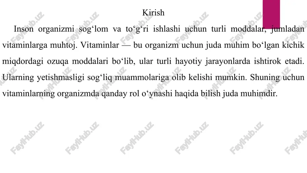 chun juda muhim bo‘lib, ular organizmning to‘g‘ri ishlashi, o‘sishi va kasalliklardan himoyalanishida muhim rol o‘ynaydi. ayrim davrlarda — masalan, o‘sish, kasallikdan keyin tiklanish, homiladorlik yoki jismoniy zo‘riqish paytida — vitaminlarga bo‘lgan ehtiyoj yanada ortadi. shuning uchun sog‘lom ovqatlanish va kerak bo‘lsa, qo‘shimcha vitaminlar qabul qilish orqali organizmni zarur moddalarga boyitish lozim. foydalanilgan adabiyotlar “biologiya” (umumiy o‘rta ta’lim maktablari uchun darslik, 8-sinf) – o‘zbekiston respublikasi xalq ta’limi vazirligi nashri. “oziqlanish asoslari” – muallif: m. to‘raxo‘jayev, tibbiyot kollej o‘quvchilari uchun qo‘llanma. “inson salomatligi va ekologiya” – muallif: r. qodirova, oliy ta’lim muassasalari uchun darslik. “gigiyena va sanitariya asoslari” – muallif: sh. mamatqulov, tibbiyot texnikumlari uchun o‘quv qo‘llanma. vitaminlar yetishmasligi kasalliklar paydo bo'lishiga sabab bo'ladi. vitaminlar oziq- ovaqat orqali olinadi. vitaminlar organizm uchun zarur bo'lgan kichik miqdordagi ozugqa moddalardir. ular organizmda turli hayotiy jarayonlarda ishtirok etadi. vitaminlarni ins janizmi o'zi ishlab chigarolmaydi yokijuda kam ishlab chigaradi. a gi a al vitaminlar hujayralarni himoya …