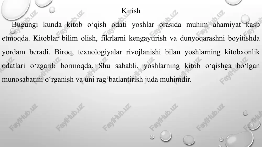 ish uchun bir nechta muhim yo‘llar mavjud. birinchidan, maktab va kutubxonalar yoshlarni kitob o‘qishga rag‘batlantirishi kerak. kitobxonlik bo‘yicha turli tanlovlar, musobaqalar va klub tashkil etish bu jarayonni qiziqarli qiladi. ikkinchidan, ota-onalar va o‘qituvchilar yoshlarni kitob o‘qishga undashi lozim, uyda ham kitob o‘qish uchun qulay muhit yaratish muhimdir. uchinchidan, yoshlar uchun zamonaviy va qiziqarli kitoblar taqdim etilishi kerak, shunda ular kitobga ko‘proq qiziqadi. shuningdek, internet va ijtimoiy tarmoqlarda kitobxonlikni targ‘ib qiluvchi kampaniyalar o‘tkazish foydali bo‘ladi. xulosa kitob o‘qish yoshlarning bilimini oshirish, fikrlash qobiliyatini rivojlantirish va ma’naviy tarbiyasida muhim rol o‘ynaydi. bugungi kunda yoshlar orasida kitobxonlik madaniyatini oshirish uchun maktablar, ota-onalar va jamiyatning faol ishtiroki zarur. zamonaviy usullar va qiziqarli kitoblar yoshlarni kitobga yanada ko‘proq jalb qilishga yordam beradi. shu bilan birga, kitobxonlik yoshlarning shaxs sifatida rivojlanishida katta ahamiyatga ega. foydalanilgan adabiyotlar sobirova n. yoshlar va kitobxonlik madaniyati. toshkent, 2018. xasanov d. kitob o‘qishning yoshlar hayotidagi o‘rni. toshkent, 2019. rustamova m. ta’lim …