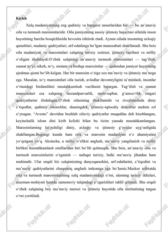 y jihatdan ham muhimdir. ular orqali biz xalqimizning dunyoqarashini, urf-odatlarini, e’tiqodini va ma’naviy qadriyatlarini chuqurroq anglash imkoniga ega bo‘lamiz.mazkur referatda oila va turmush marosimlarining xalq madaniyatidagi o‘rni, ularning tarixiy ildizlari, mazmun-mohiyati hamda zamonaviy talqindagi o‘zgarishlari tahlil qilinadi. shu orqali o‘zbek xalqining boy ma’naviy merosi va ijtimoiy hayotida oila institutining tutgan o‘rni yoritiladi. an’anaviy oila tushunchasi va uning ijtimoiy mohiyati an'anaviy oila tushunchasi o'zbek jamiyatining asosiy ijtimoiy instituti sifatida uzoq yillik tarixiy va madaniy an'analarga asoslangan bo'lib, uning mohiyati inson hayotining barcha bosqichlarida jamiyatning barqarorligini ta'minlashda namoyon bo'ladi. o'zbek oilasi nafaqat biologik aloqalarga, balki ijtimoiy, ma'naviy va iqtisodiy munosabatlarga ham tayangan holda shakllangan bo'lib, u oila a'zolari o'rtasidagi o'zaro mas'uliyat va hurmatga asoslangan tizimdir. ushbu tushuncha oilaning jamiyatdagi o'rni va vazifalarini belgilab beradi, chunki oila jamiyatning kichik modeli bo'lib, unda milliy qadriyatlar, axloqiy normalar va ijtimoiy tartib saqlanib qoladi. an'anaviy oila faqat farzand ko'rish va tarbiyalash bilan cheklanmaydi, balki avlodlar o'rtasidagi …