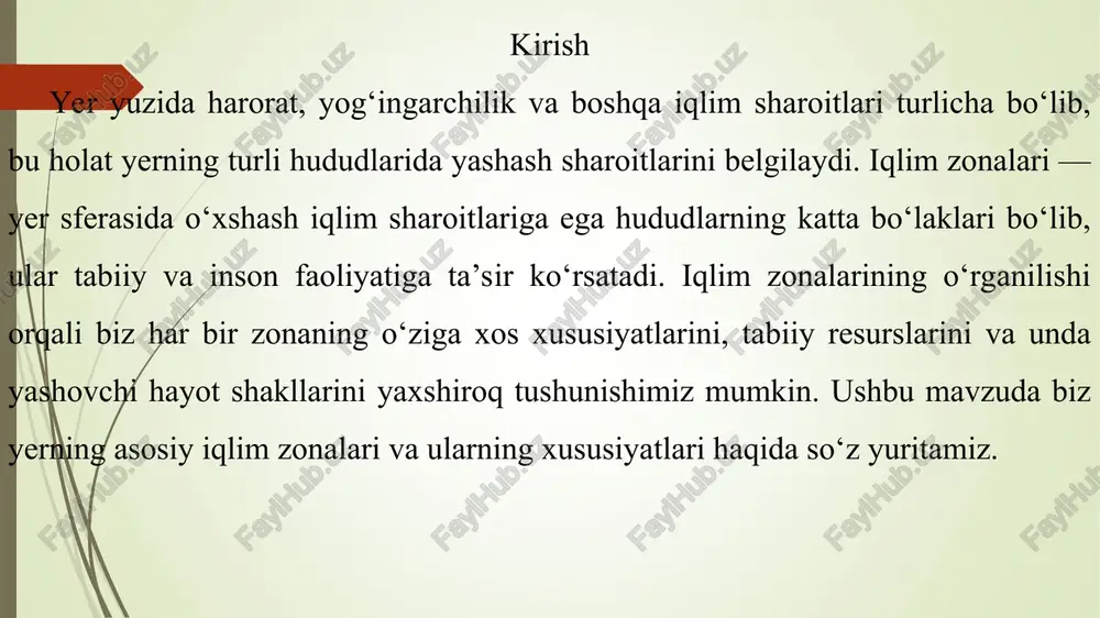 shi mumkin. o‘simliklar kamroq bo‘lib, cho‘l o‘tloqlari va kaktuslar ko‘p. iqlim zonalarining aholi hayoti va tabiatga ta’siri iqlim zonalari odamlar hayoti va tabiatga katta ta’sir ko‘rsatadi. tropik iqlim zonasida aholining ko‘pligi tuproq unumdorligi va oziq-ovqat yetishtirish imkoniyati bilan bog‘liq. bu hududlarda ko‘p yomg‘ir yog‘ishi sababli tropik o‘rmonlar keng tarqalgan va biologik xilma-xillik juda yuqori. biroq, yuqori harorat va namlik kasalliklarning tarqalishiga sabab bo‘lishi mumkin. cho‘l iqlim zonalarida esa suv yetishmasligi va qattiq iqlim sharoitlari aholi sonini kamaytiradi, o‘simlik va hayvonlar qattiq sharoitlarga moslashgan. subtropik zonada yoz issiq va qish yumshoq . xulosa iqlim zonalari insonlarning yashash sharoitlari, qishloq xo‘jaligi va tabiatning rivojlanishiga bevosita ta’sir qiladi. har bir iqlim zonasining o‘ziga xos xususiyatlari mavjud bo‘lib, ular odamlarning yashash joyini, qaysi o‘simliklar va hayvonlar borligini belgilaydi. shu sababli, iqlim o‘z navbatida madaniyat, iqtisodiyot va tabiat boyliklarining shakllanishida muhim rol o‘ynaydi. foydalanilgan adabiyotlar “geografiya” (oliy va o‘rta maxsus ta’lim uchun darslik) – mualliflar: …