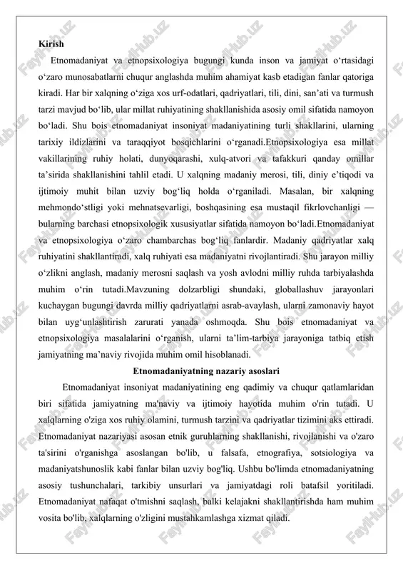 iy hayotida muhim o'rin tutadi. u xalqlarning o'ziga xos ruhiy olamini, turmush tarzini va qadriyatlar tizimini aks ettiradi. etnomadaniyat nazariyasi asosan etnik guruhlarning shakllanishi, rivojlanishi va o'zaro ta'sirini o'rganishga asoslangan bo'lib, u falsafa, etnografiya, sotsiologiya va madaniyatshunoslik kabi fanlar bilan uzviy bog'liq. ushbu bo'limda etnomadaniyatning asosiy tushunchalari, tarkibiy unsurlari va jamiyatdagi roli batafsil yoritiladi. etnomadaniyat nafaqat o'tmishni saqlash, balki kelajakni shakllantirishda ham muhim vosita bo'lib, xalqlarning o'zligini mustahkamlashga xizmat qiladi. “etnomadaniyat” atamasining kelib chiqishi va mazmuni “etnomadaniyat” atamasi xx asrning ikkinchi yarmida, ayniqsa, mustaqillik davrida o'zbekistonda keng tarqalgan va ilmiy tahlilga ega bo'lgan tushunchadir. bu atama yunoncha “ethnos” (xalq, millat) va lotincha “cultura” (madaniyat, parvarish) so'zlaridan kelib chiqqan bo'lib, bir xalqning moddiy va ma'naviy madaniyatining o'ziga xos xususiyatlarini ifodalaydi. etnomadaniyat biror xalqning kelib chiqishi, uning madaniyati, turmush tarzi, ma'naviy-ma'rifiy xususiyatlarini o'rganuvchi fan sifatida shakllangan. mustaqillik sharoitida o'zbek xalqining etnomadaniyati, an'analari va urf-odatlari alohida e'tibor markaziga chiqdi, chunki bu tushuncha milliy …