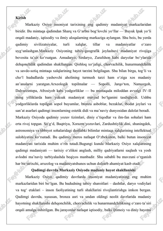 o‘rganish har bir tarixchi, arxeolog va madaniyatshunos uchun dolzarb ahamiyat kasb etadi. qadimgi davrda markaziy osiyoda madaniy hayot shakllanishi markaziy osiyo, qadimiy davrlarda insoniyat madaniyatining eng muhim markazlaridan biri bo‘lgan. bu hududning tabiiy sharoitlari – dashtlar, daryo vodiylari va tog‘ etaklari – inson faoliyatining turli shakllarini rivojlantirishga imkon bergan. qadimgi davrda, xususan, bronza asri va undan oldingi neolit davrlarida madaniy hayotning shakllanishi dehqonchilik, chorvachilik va hunarmandchilikning o‘zaro ta’siri orqali amalga oshirilgan. bu jarayonlar nafaqat iqtisodiy, balki ijtimoiy va diniy hayotni ham shakllantirgan. markaziy osiyoning janubiy qismlarida, masalan, surxondaryo vodiysida va kopetdog‘ etaklarida, sopolli, jarqo‘ton va namozgoh madaniyatlarining paydo bo‘lishi bu mintaqaning madaniy rivojlanishidagi muhim bosqichlarni belgilaydi. ushbu madaniyatlarning xususiyatlari orqali biz qadimgi aholi hayotining murakkabligini ko‘rishimiz mumkin: ular nafaqat material madaniyatning, balki ruhiy va ijtimoiy tuzilmalarning ham asosini tashkil etgan. sopolli, jarqo‘ton, namozgoh madaniyatlarining xususiyatlari sopolli madaniyati markaziy osiyoning janubiy qismida, xususan, surxondaryo vodiysida bronza asrining oxirgi davrida (miloddan avvalgi …