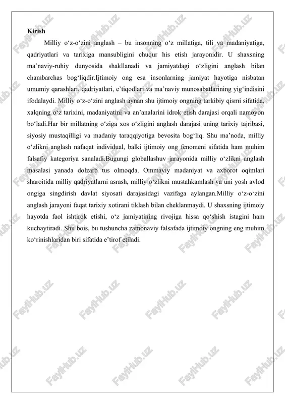 aydi. falsafiy nuqtai nazardan, bu jarayon ongning ichki dunyosida shakllanib, tashqi ijtimoiy muhit bilan uzviy bog‘lanish orqali rivojlanadi. milliy o‘zlikni anglashning falsafiy asoslari insoniyatning mavjudlik muammolariga oid keng falsafiy an’analar – antik davrdan tortib zamonaviy ekzistensializm va postmodernizm gacha bo‘lgan – asosida turgan. bu yerda milliy o‘zlik nafaqat etnik yoki madaniy chegaralar bilan cheklanmaydi, balki insonning o‘zini jamiyatdagi o‘rni, tarixiy meros va kelajakdagi maqsadlari orqali anglashi sifatida ko‘riladi. ushbu maqolada milliy o‘z-o‘zini anglashning falsafiy asoslarini batafsil ko‘rib chiqamiz, xususan, inson ongida milliy o‘zlikning shakllanish bosqichlari, falsafiy tafakkurda milliy o‘zlik va identifikatsiya jarayonlari hamda milliy qadriyatlarning bu jarayondagi o‘rni haqida so‘z yuritamiz. bu tahlil millatni mustahkamlash va shaxsiy rivojlanishning falsafiy asoslarini ochib berishga qaratilgan bo‘lib, rasmiy va ilmiy uslubda yozilgan. inson ongida milliy o‘zlikning shakllanish bosqichlari inson ongida milliy o‘zlikning shakllanishi – bu murakkab psixologik va falsafiy jarayon bo‘lib, u bolalik davridan boshlanib, umr bo‘yi davom etadi. falsafiy nuqtai nazardan, bu …