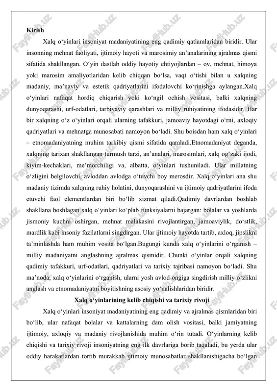 s qismidir. chunki o‘yinlar orqali xalqning qadimiy tafakkuri, urf-odatlari, qadriyatlari va tarixiy tajribasi namoyon bo‘ladi. shu ma’noda, xalq o‘yinlarini o‘rganish, ularni yosh avlod ongiga singdirish milliy o‘zlikni anglash va etnomadaniyatni boyitishning asosiy yo‘nalishlaridan biridir. xalq o‘yinlarining kelib chiqishi va tarixiy rivoji xalq o‘yinlari insoniyat madaniyatining eng qadimiy va ajralmas qismlaridan biri bo‘lib, ular nafaqat bolalar va kattalarning dam olish vositasi, balki jamiyatning ijtimoiy, axloqiy va madaniy rivojlanishida muhim o‘rin tutadi. o‘yinlarning kelib chiqishi va tarixiy rivoji insoniyatning eng ilk davrlariga borib taqaladi, bu yerda ular oddiy harakatlardan tortib murakkab ijtimoiy munosabatlar shakllanishigacha bo‘lgan jarayonlarni aks ettiradi. ushbu bobda xalq o‘yinlarining qadimiy davr madaniyatidagi shakllanishi, arxeologik topilmalardagi izlari, qadimgi turkiy xalqlardagi shakllari va mazmuni, shuningdek, o‘yinlar orqali jamoaviylik va mehnat ko‘nikmalarining rivoji haqida batafsil to‘xtalamiz. bu jarayonlar nafaqat o‘yinlarning evolyutsiyasini, balki ularning jamiyatdagi chuqur ma’naviy ahamiyatini ochib beradi. qadimiy davr madaniyatida o‘yinlarning shakllanish jarayoni qadimiy davr madaniyatida o‘yinlarning shakllanishi insoniyatning eng …