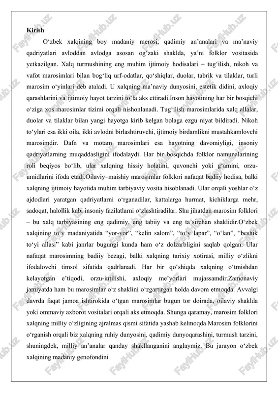 di. har bir qo‘shiqda xalqning o‘tmishdan kelayotgan e’tiqodi, orzu-intilishi, axloqiy me’yorlari mujassamdir.zamonaviy jamiyatda ham bu marosimlar o‘z shaklini o‘zgartirgan holda davom etmoqda. avvalgi davrda faqat jamoa ishtirokida o‘tgan marosimlar bugun tor doirada, oilaviy shaklda yoki ommaviy axborot vositalari orqali aks etmoqda. shunga qaramay, marosim folklori xalqning milliy o‘zligining ajralmas qismi sifatida yashab kelmoqda.marosim folklorini o‘rganish orqali biz xalqning ruhiy dunyosini, qadimiy dunyoqarashini, turmush tarzini, shuningdek, milliy an’analar qanday shakllanganini anglaymiz. bu jarayon o‘zbek xalqining madaniy genofondini oilaviy–maishiy marosimlarning turlari o‘zbek xalqining ijtimoiy hayoti va madaniyatida oilaviy–maishiy marosimlar alohida o‘rin tutadi. bu marosimlar inson hayotining eng muhim bosqichlarini – g‘ilish, voyaga yetish, oila qurish va vafot jarayonlarini o‘zida mujassam etadi. har bir marosim xalqning qadimiy urf-odatlari, e’tiqodlari, axloqiy me’yorlari va milliy ruhiyatini ifoda etuvchi ramziy mazmunga ega. ular o‘z navbatida, og‘zaki ijod namunalarining shakllanishi va yashovchanligida muhim o‘rin tutadi. o‘zbek xalqining ijtimoiy hayoti, ruhiy dunyosi va qadriyat tizimi asosan oilaviy–maishiy marosimlarda …